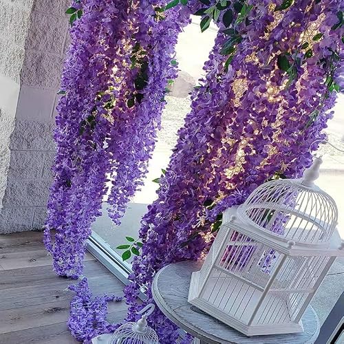 NEOONES 12 Pack Wisteria Flower Vines Garland, 3.75 Ft Artificial Flower Strings, Fake Hanging Flowers, Silk Wisteria Garland Flowers, Flower Vine for Wedding Garden Decor (Purple Blue) - Thumbnail 6