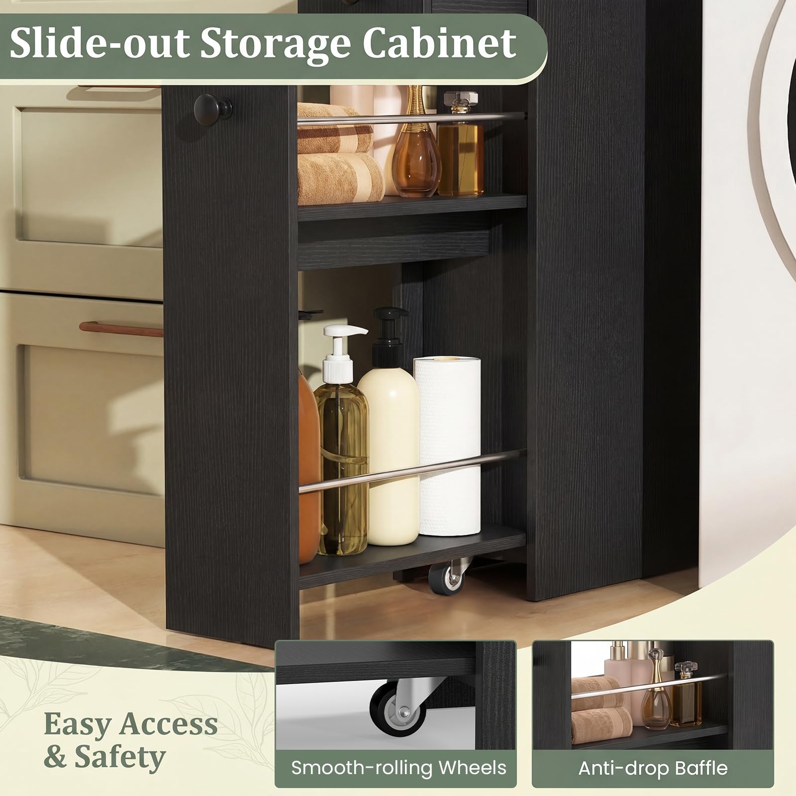 GIANTEX Petit Meuble Salle de Bain à 2 Tiroirs, Meuble WC Etroit avec 2 Roues, Dispositif Anti-Basculement, Rangement Toilette WC Petit Espace, Meuble Papier Toilette,18 x 40 x 70 cm, Noir