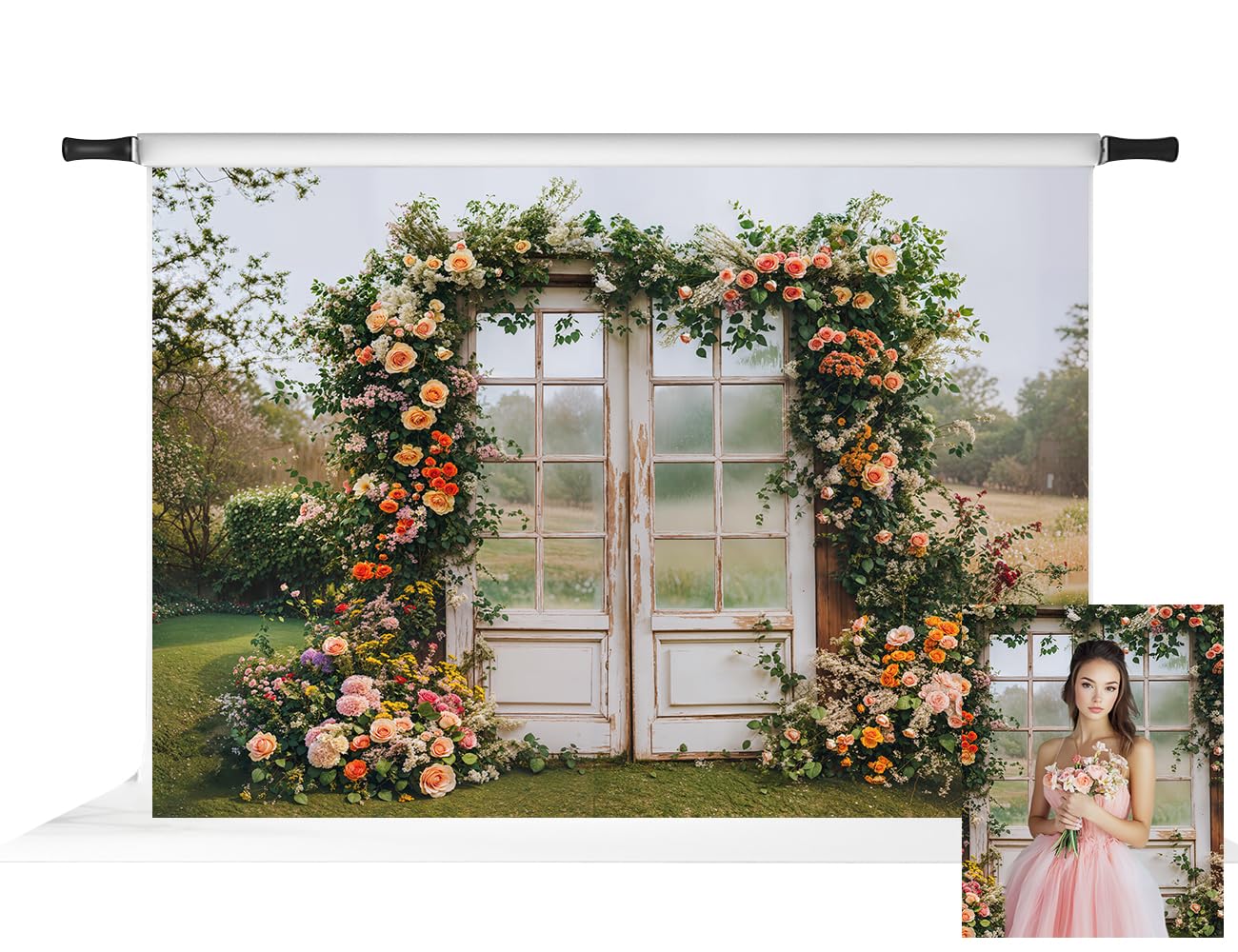 Photo 1 of Kate 7x5ft Spring Floral Arch Backdrop for Wedding Wood Door Decora Outside Scene Background Professional Fabric Props