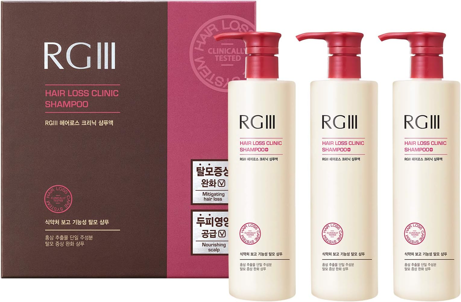 RGIII Hair Regeneration Clinic Shampoo with Purified Red Ginseng Saponin & 6 Naturally Derived Ingredients for Hair Loss/Regrowth/Strengthening/for both Men & Woman 3pc Set (17.58oz /ea x 3)