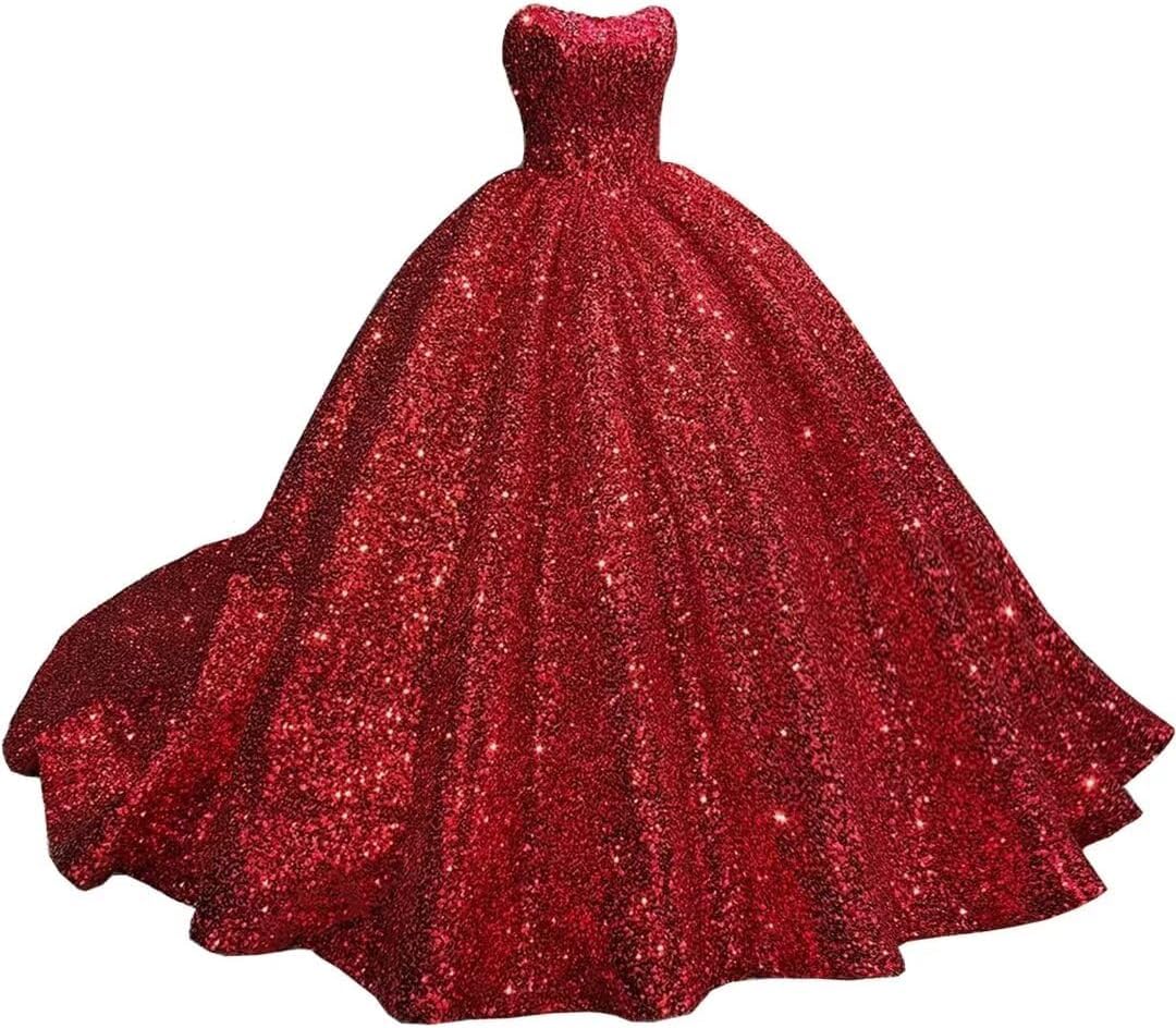 Yifanier Women's Red Sparkly Strapless Sequin Quinceanera Dresses With Train Puffy Prom Dresses Long Ball Gown For Sweet 15 16 Dress