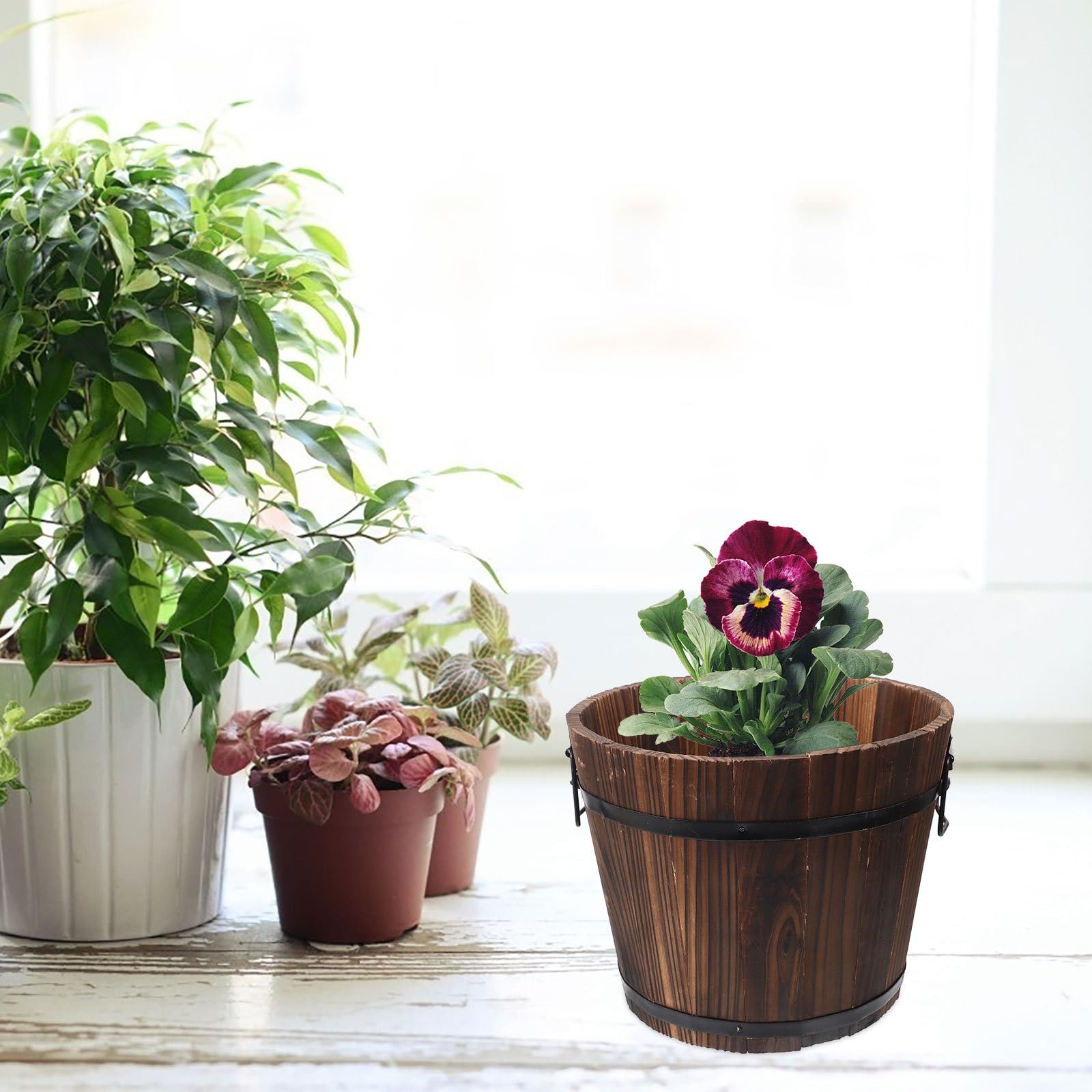 Jardinière Seau en Bois Rétro, Anticrorosion, Trou Drainage, Balcon