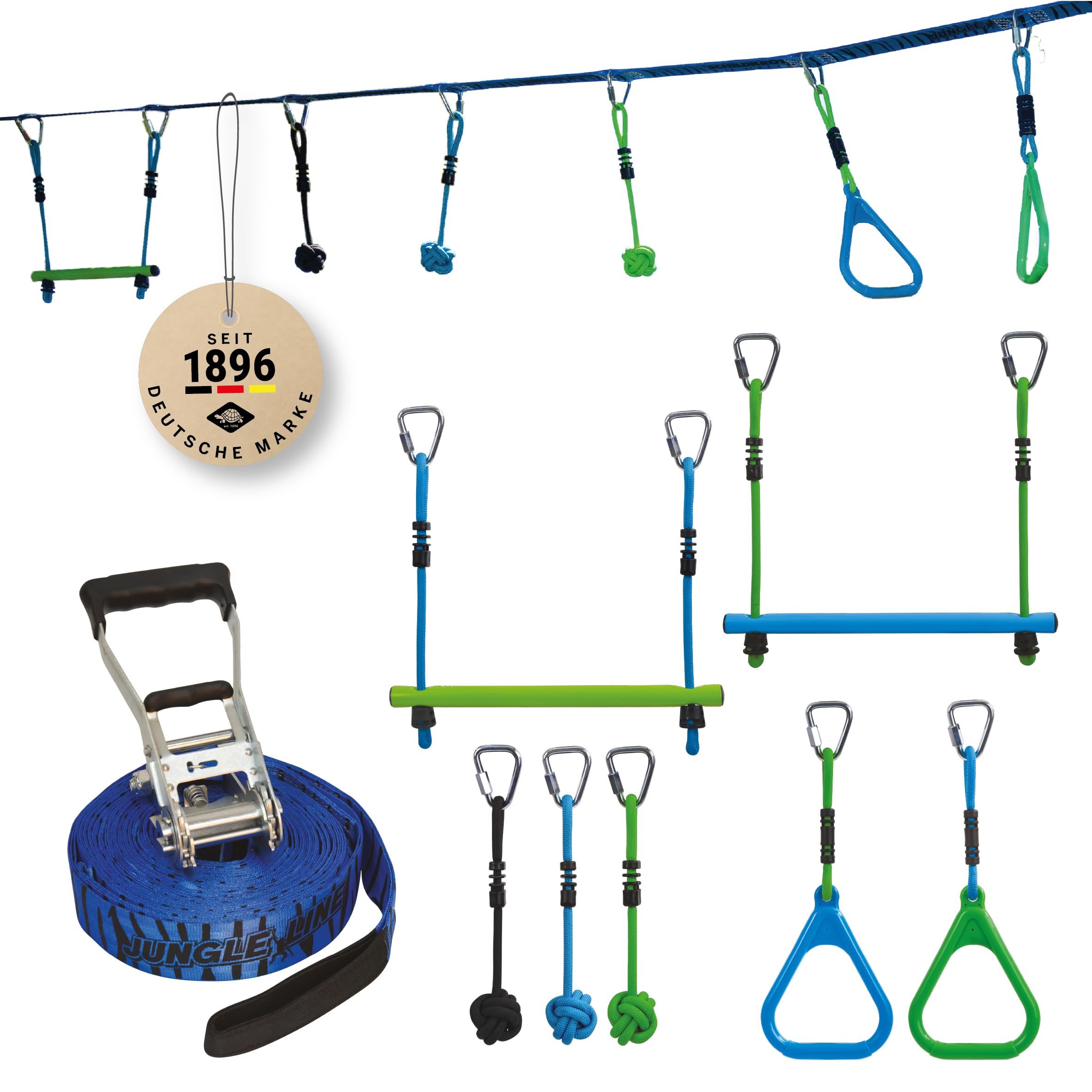 Schildkröt® Jungle Line Climbing Course Set with 7 Durable Obstacles | Outdoor Ninja Warrior Rings, Ropes & Rung Play | 11 Metres Long | Storage Bag & Instructions Included