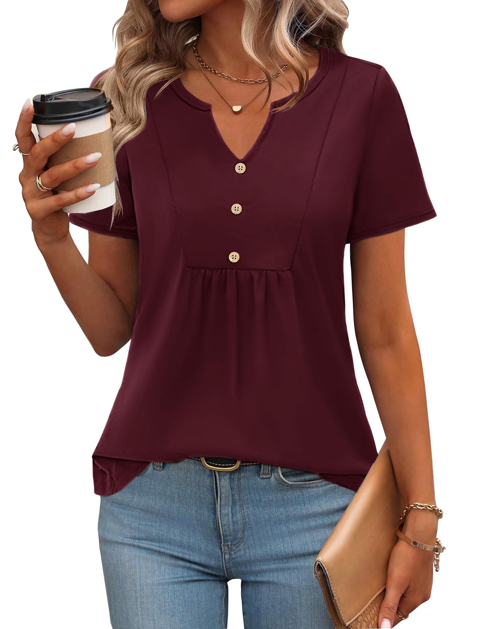 Zeagoo Women's T-Shirt Short Sleeve Tops Summer Elegant V Neck Shirts Casual Plain Tee Shirt Long Tunic Top Front Pleated Blouse S-XXL