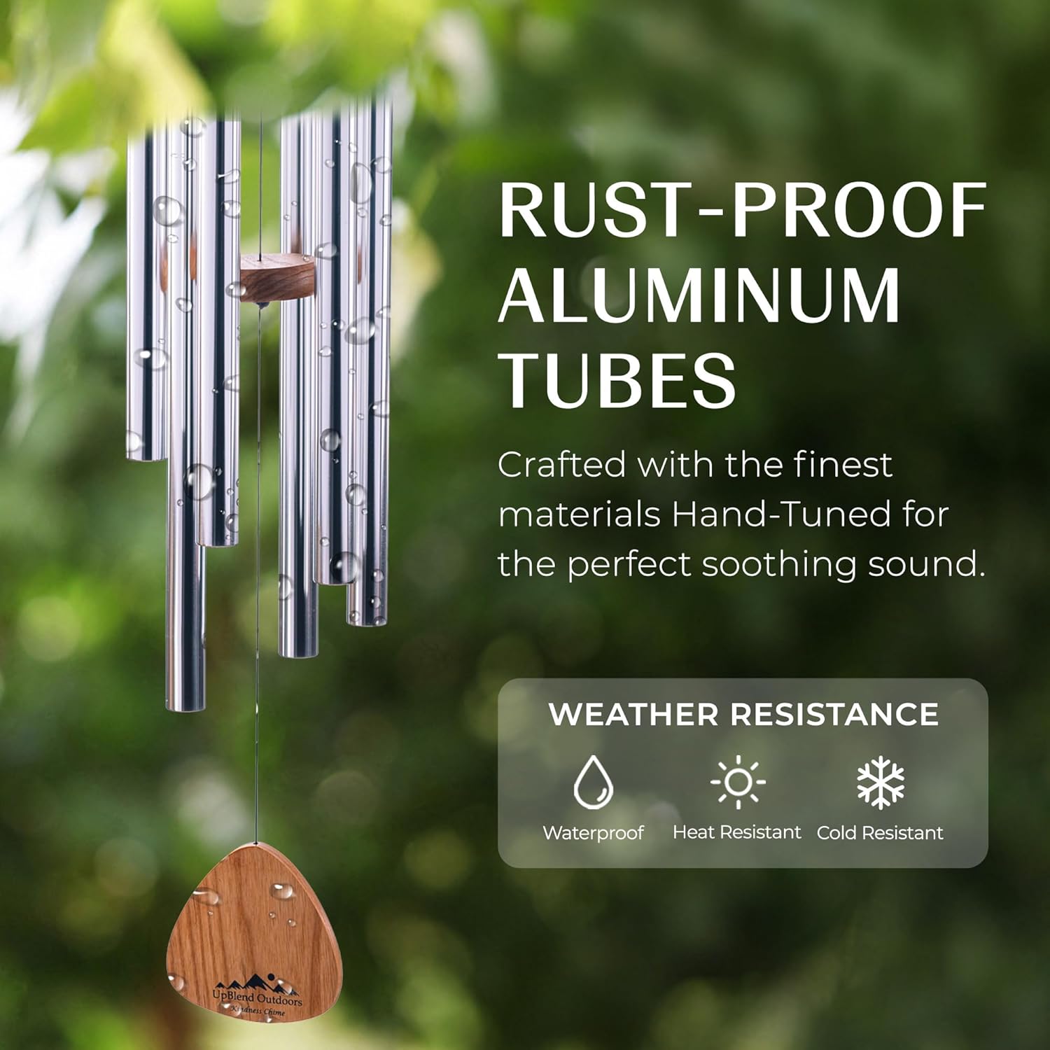 UpBlend Wind Chimes for Outside Gift – Deep Tone Wind Chime with Decorative Stone – Garden and Patio Décor for Porch or Yard, Elegant Outdoor Ornament, Meaningful Gift for Neighbors. 29” Silver.