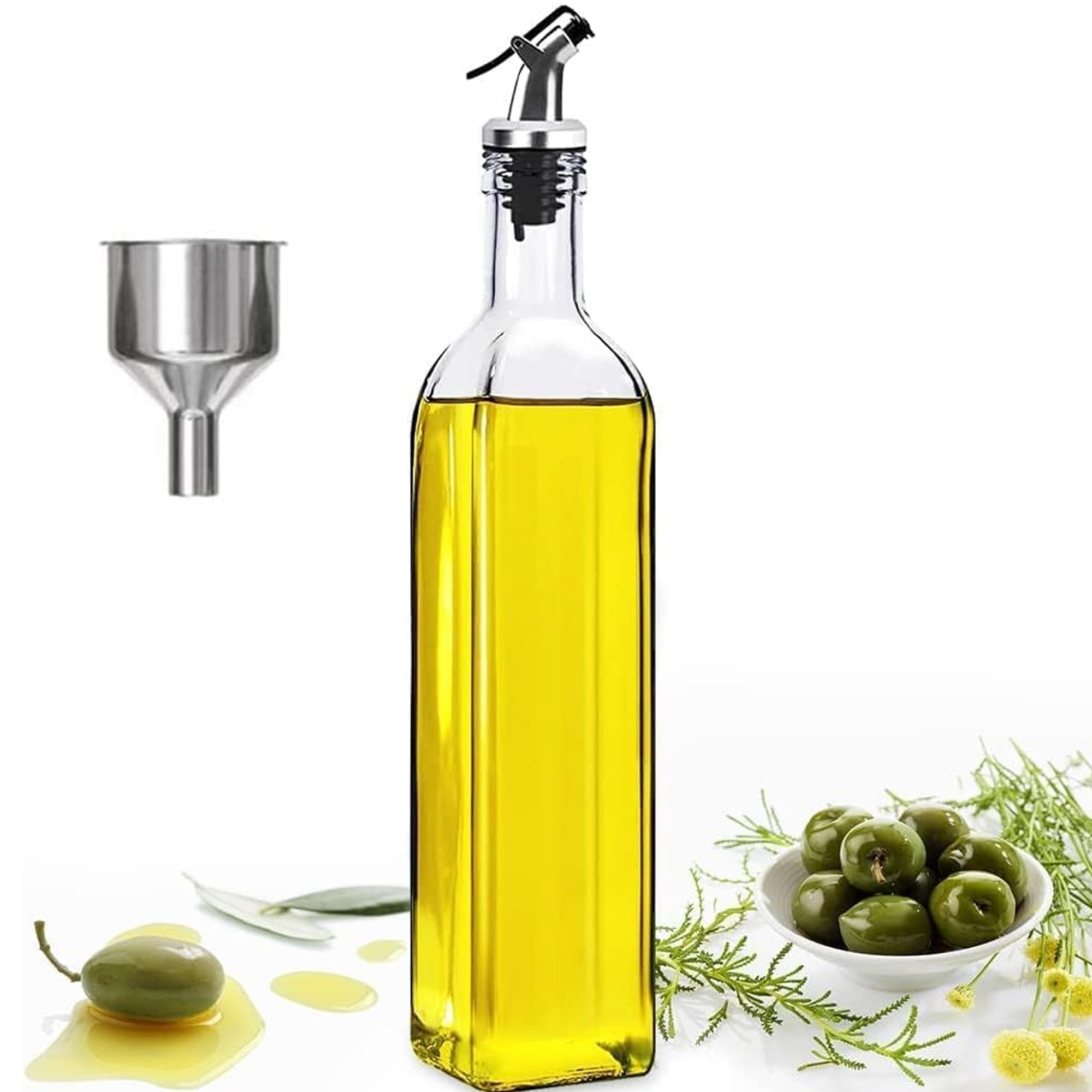 DDUP 500ML Glass Oil Dispenser, Leakproof Anti-Drip Olive Oil Bottle, Lead-Free Cuboid Vinegar Bottles, Dishwasher Safe Kitchen Container for Cooking, BBQ, Salad and Picnic(1PCS)