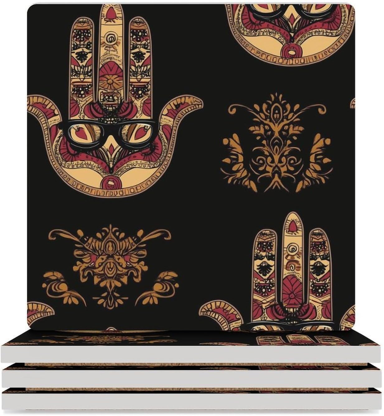 Ornate Amulet Hamsa Hand of Fatima Coasters for Drinks Square Table Coasters Set Cup Mats with Cork Base
