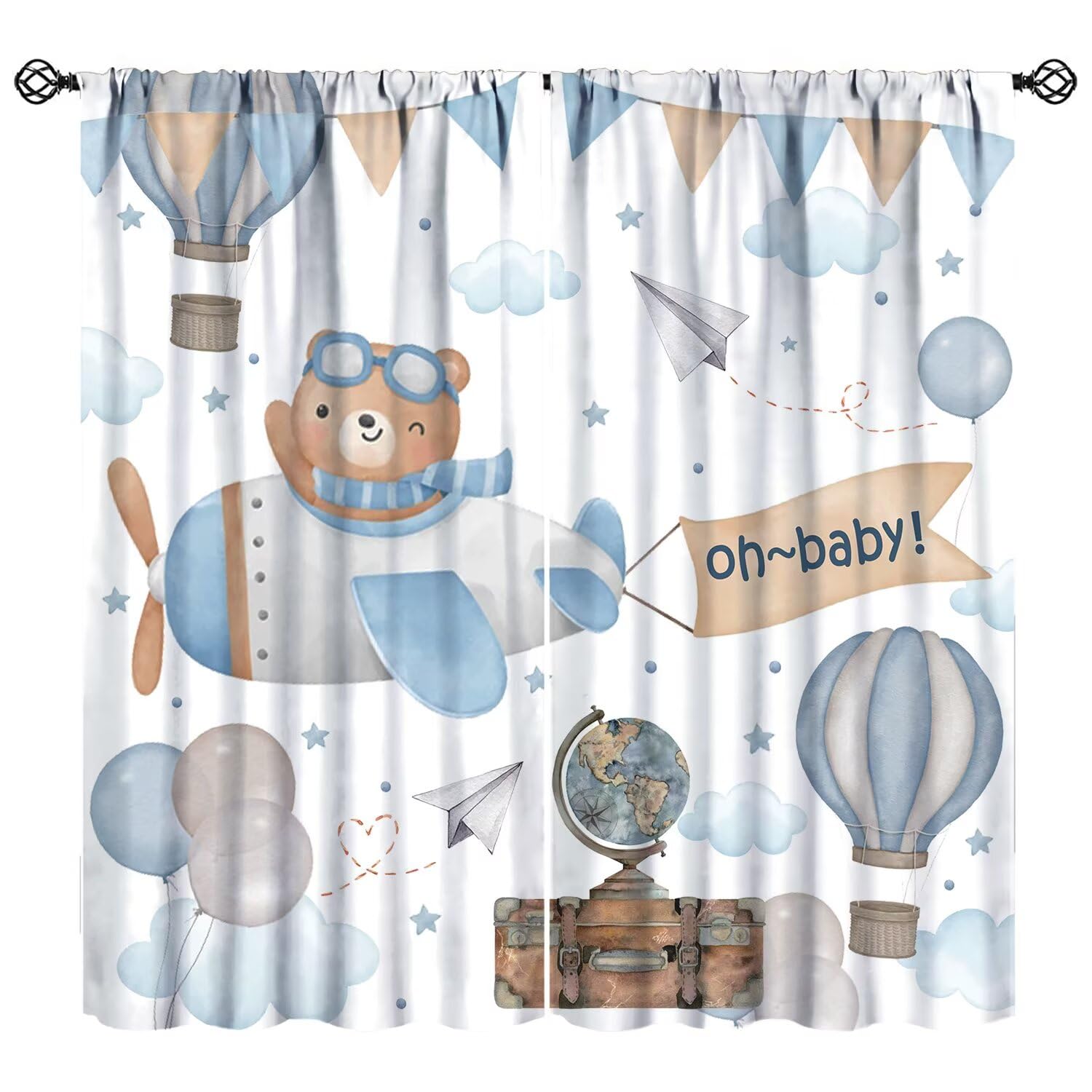 JESTRONRY Cartoon Bear Curtains, Cute Bear Watercolor Adventure in Sky Element Window Treatments Curtains for Kids Baby Boys Girls Bedroom Nursery Birthday Party 55" W X 63" L (Blackout)