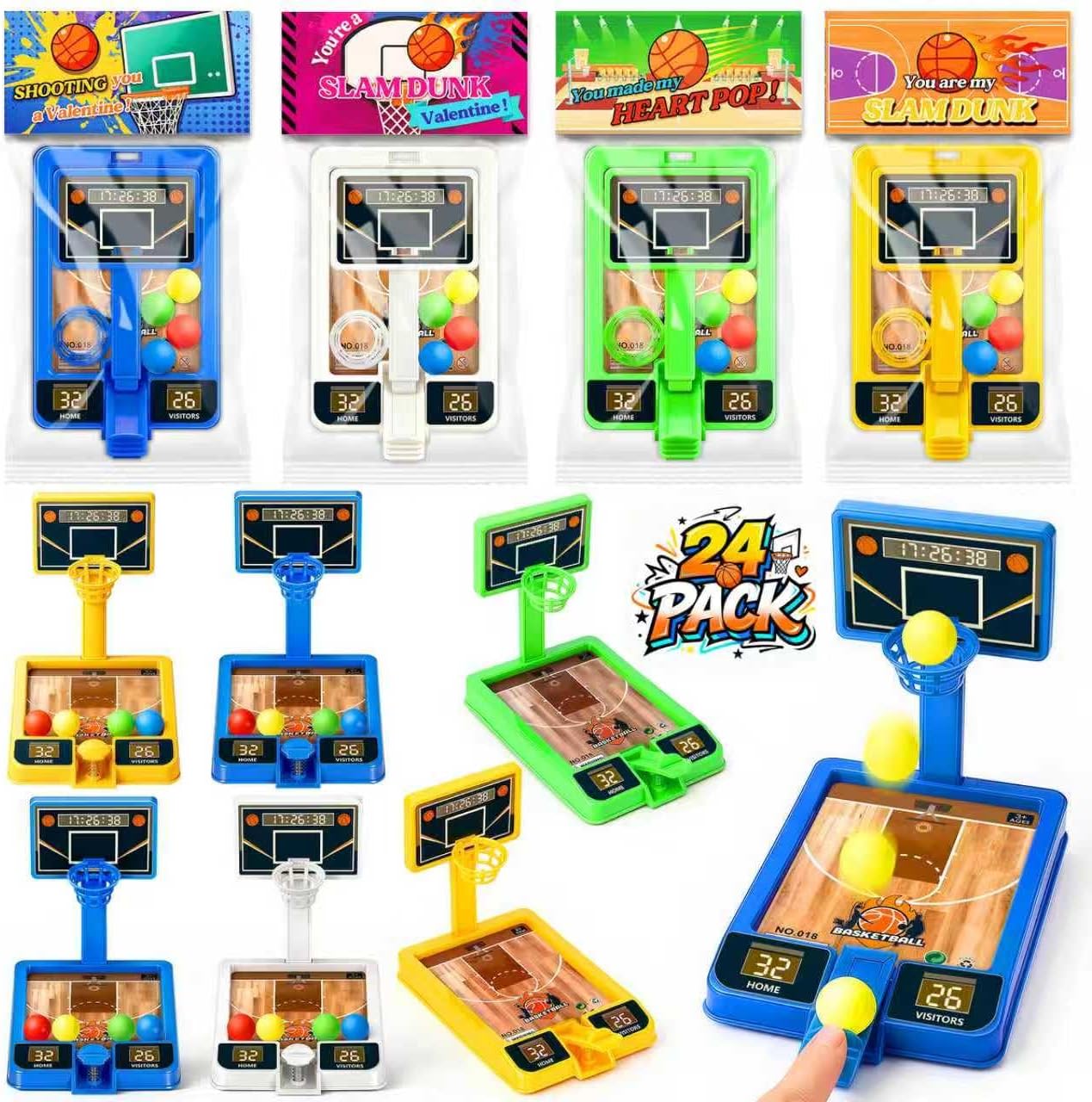 BAYSING Valentines Day Cards for Kids School, 24 Pack Mini Finger Basketball Shooting Game, Valentine Day Party Favors for Boys Girls, Ideal Exchange Cards for Classroom