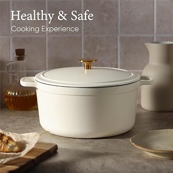CAROTE 5QT Enameled Cast Iron Dutch Oven Pot with Lid, Heavy-Duty Dutch Oven for Sourdough Bread Baking, Braising, Stews, Roasting, Healthy & Non-Toxic, Dual Handles, All Stovetop Compatible, Oven Safe up to 500 F, Cream White