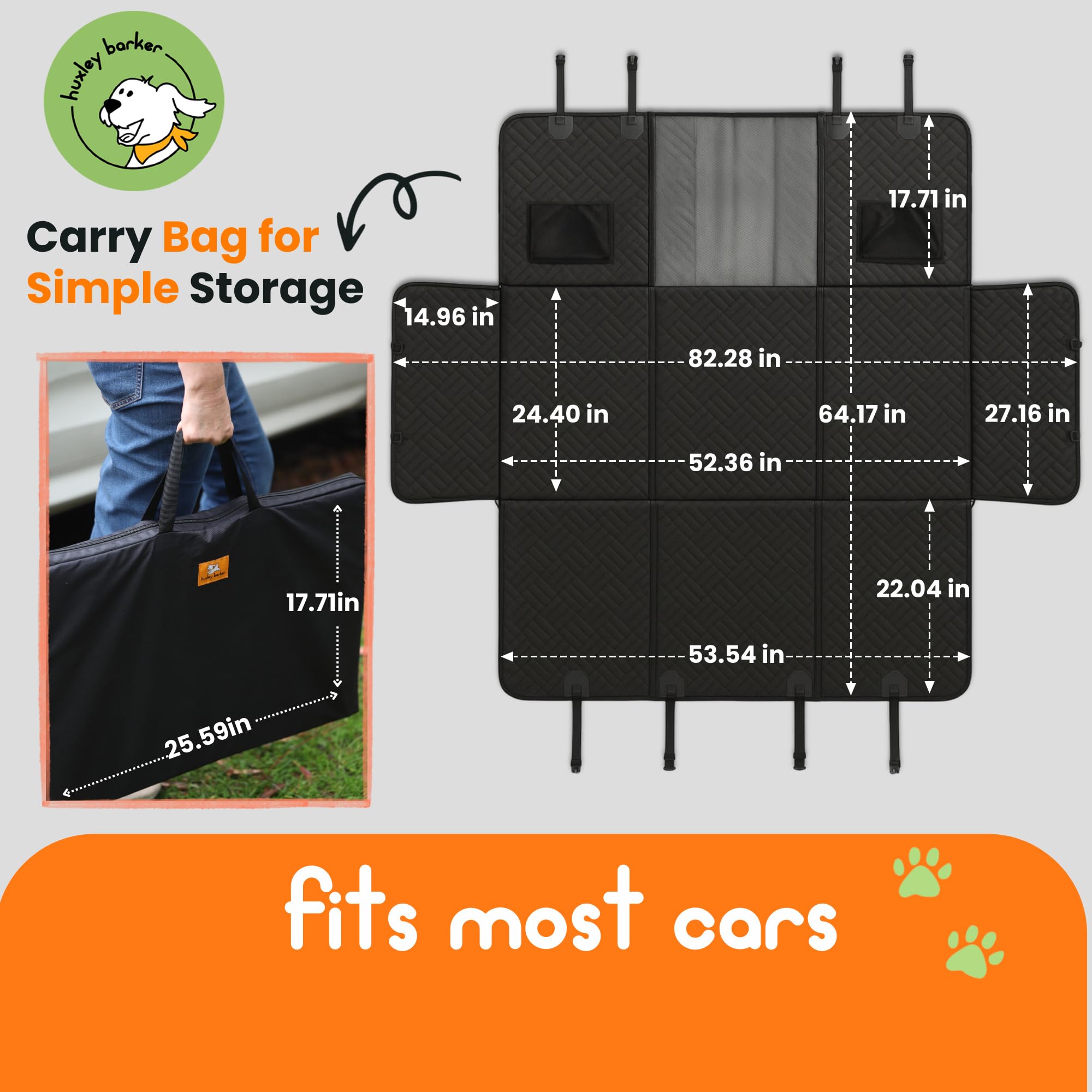 Huxley Barker Car Back Seat Extender for Dogs – 40% Extra Space, 600D Oxford Waterproof Dog Car Seat Cover with Hard-Bottom Bridge, Non-Slip Base, Mesh Window & Storage Pockets – Foldable Design - image 4