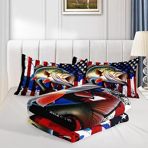 Miniatura 5 de HOSIMA Juego de edredón de pesca de lucio grande, juego de cama de caza y pesca con patrón de bandera estadounidense de perca, tamaño Queen para