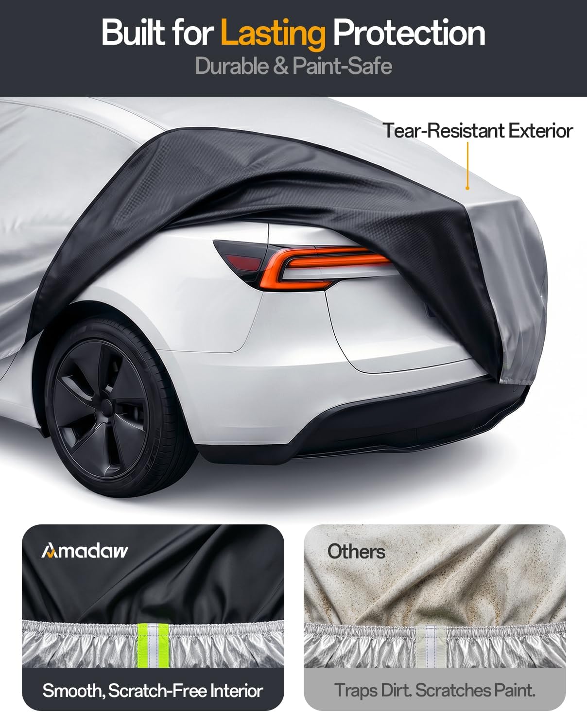 Tesla Model-Y Car Cover, 2020~2026(Juniper), Waterproof Inner Lining Protects Paint, Zippers for Driver Side & Charging Port, PU Coating for Sun and UV Protection-Silver