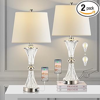 Touch Control Table Lamp for Bedrooms 3 Way Dimmable White Drum Shade Modern Bedsides Nightstand lamp Set of 2 with 2 USB Charging Port(Bulbs Included)