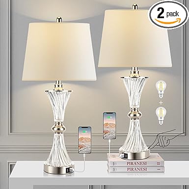 Touch Control Table Lamp for Bedrooms 3 Way Dimmable White Drum Shade Modern Bedsides Nightstand lamp Set of 2 with 2 USB Charging Port(Bulbs Included)