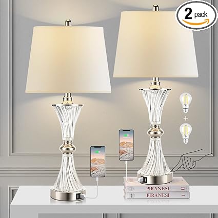 Touch Control Table Lamp for Bedrooms 3 Way Dimmable White Drum Shade Modern Bedsides Nightstand lamp Set of 2 with 2 USB Charging Port(Bulbs Included)