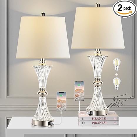 Touch Control Table Lamp for Bedrooms 3 Way Dimmable White Drum Shade Modern Bedsides Nightstand lamp Set of 2 with 2 USB Charging Port(Bulbs Included)