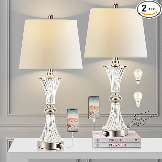 Touch Control Table Lamp for Bedrooms 3 Way Dimmable White Drum Shade Modern Bedsides Nightstand lamp Set of 2 with 2 USB Charging Port(Bulbs Included)