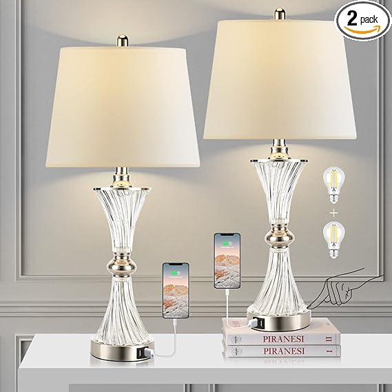 Touch Control Table Lamp for Bedrooms 3 Way Dimmable White Drum Shade Modern Bedsides Nightstand lamp Set of 2 with 2 USB Charging Port(Bulbs Included)