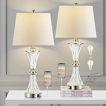 Touch Control Table Lamp for Bedrooms 3 Way Dimmable White Drum Shade Modern Bedsides Nightstand lamp Set of 2 with 2 USB Charging Port(Bulbs Included)