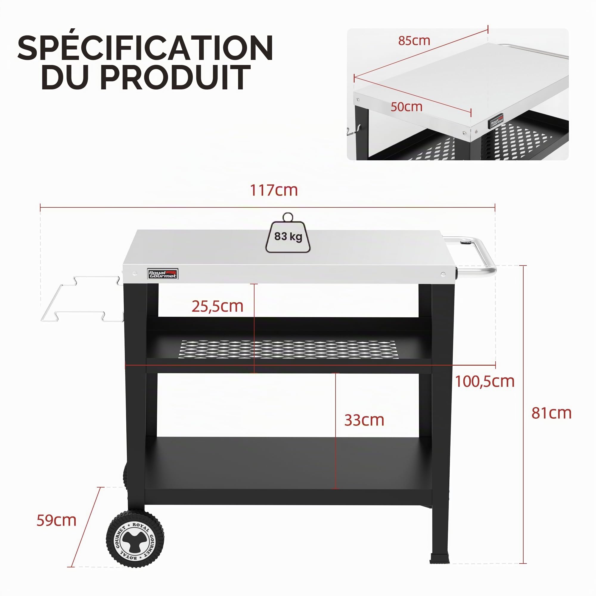 Royal Gourmet Chariot de Service à 3 étages avec Porte-Sac Poubelle - en Acier Inoxydable - Table d'appoint d'extérieur - Plancha - Table de Barbecue - Chariot à roulettes - Argenté - Plan de Travail