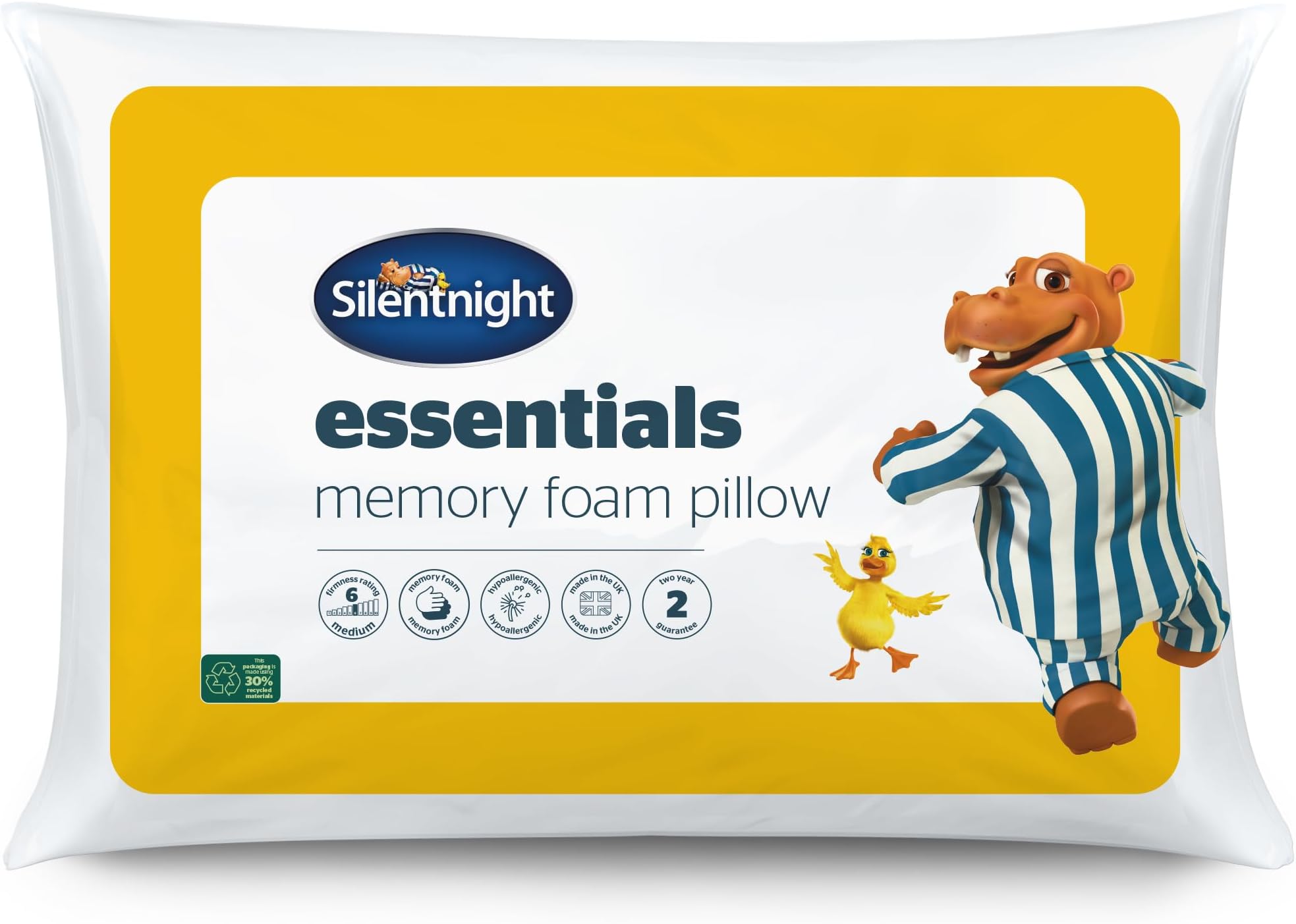 Silentnight Essential Memory Foam Core Pillow - Pack of 2 Memory Foam Core Pillows with Soft Hollowfibre Surround and Medium Firmness - 2 Pack