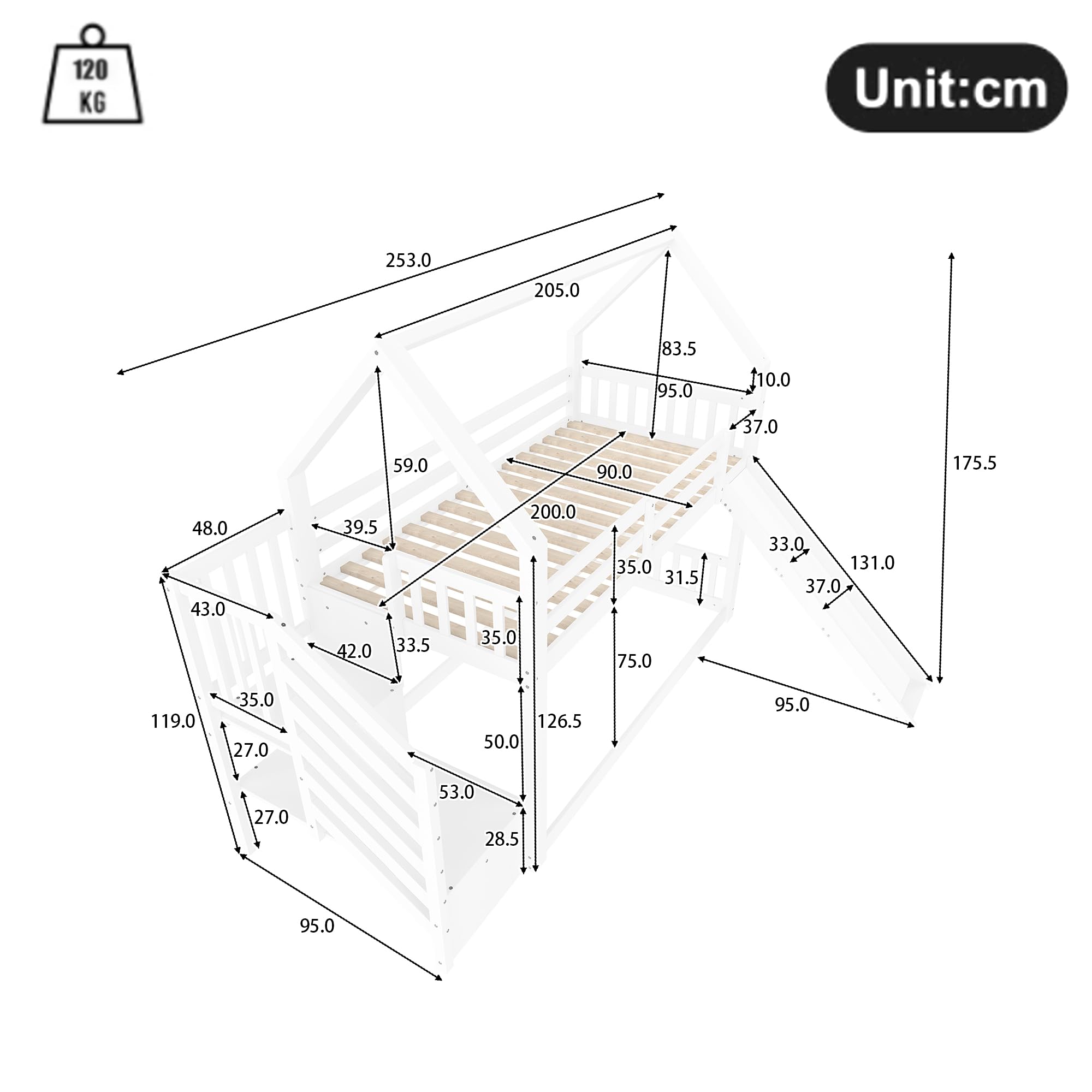 Azkoeesy Came Literas Infantil de 90 x 200 cm - Tobogán - Escaleras - Forma de Casa para niños o Adolescentes Blanco
