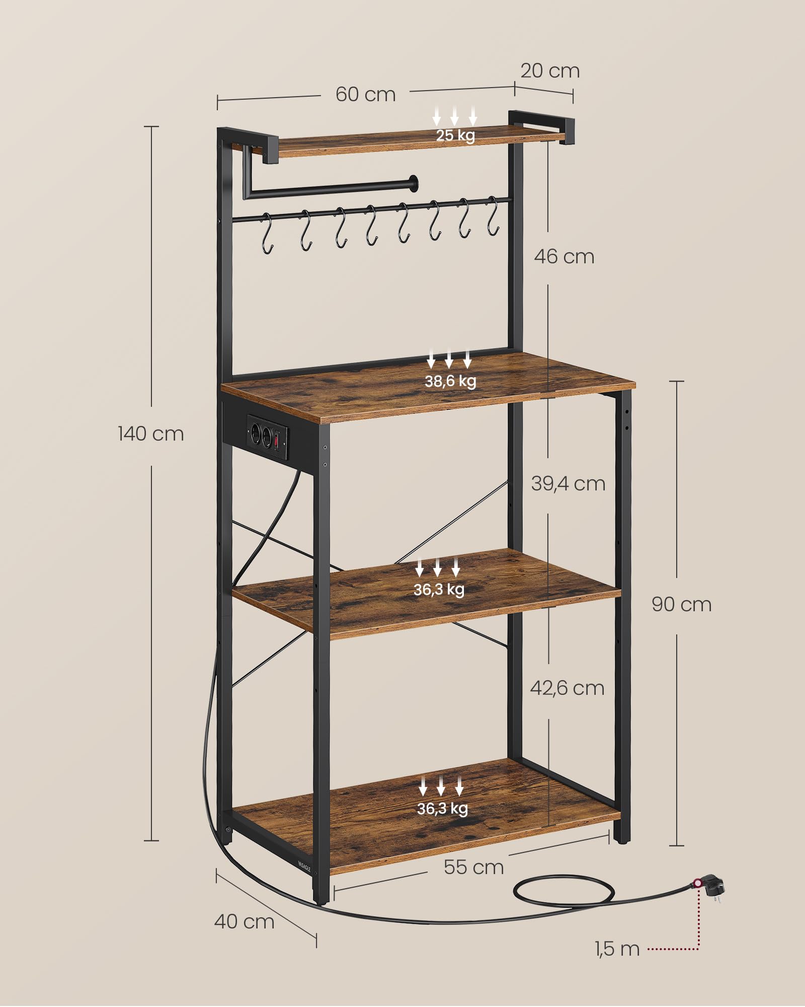 VASAGLE Scaffale da Cucina con Presa Elettrica, Bar Caffèa 4 Ripiani con Uno Regolabile, Supporto per Microonde, Porta Carta da Cucina, 40 x 60 x 140 cm, Marrone Vintage e Nero Inchiostro KKS014K02