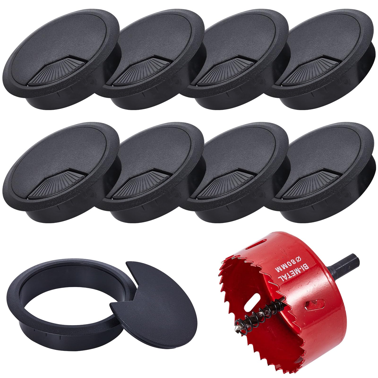 9 Pcs Desk Grommet 80mm with 80mm Hole Saw, Cable Grommet, Desk Cable Hole Cover, Desk Cable Grommet, Desk Hole Cover(Black)