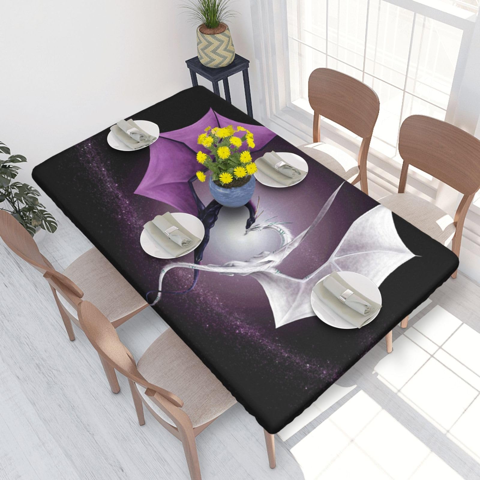 BNVSADC Purple and Wirte Dragons Printed 4FT Tablecloth 122x76 CM Polyester Kitchen Water Resistant Table Cloth Dining Table Decoration Table Covers