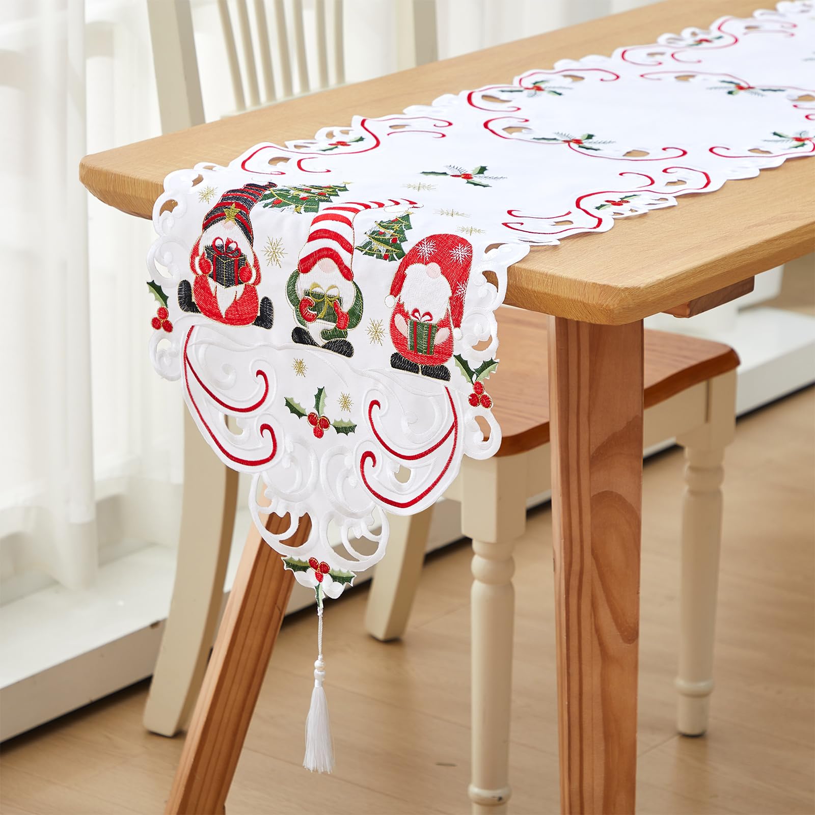 Namalu Christmas Embroidered Table Runner 15 x 70 Inch Christmas Table Linens Cover for Xmas Holiday Dining Decoration Wedding Party Gift Supplies(Gnome)