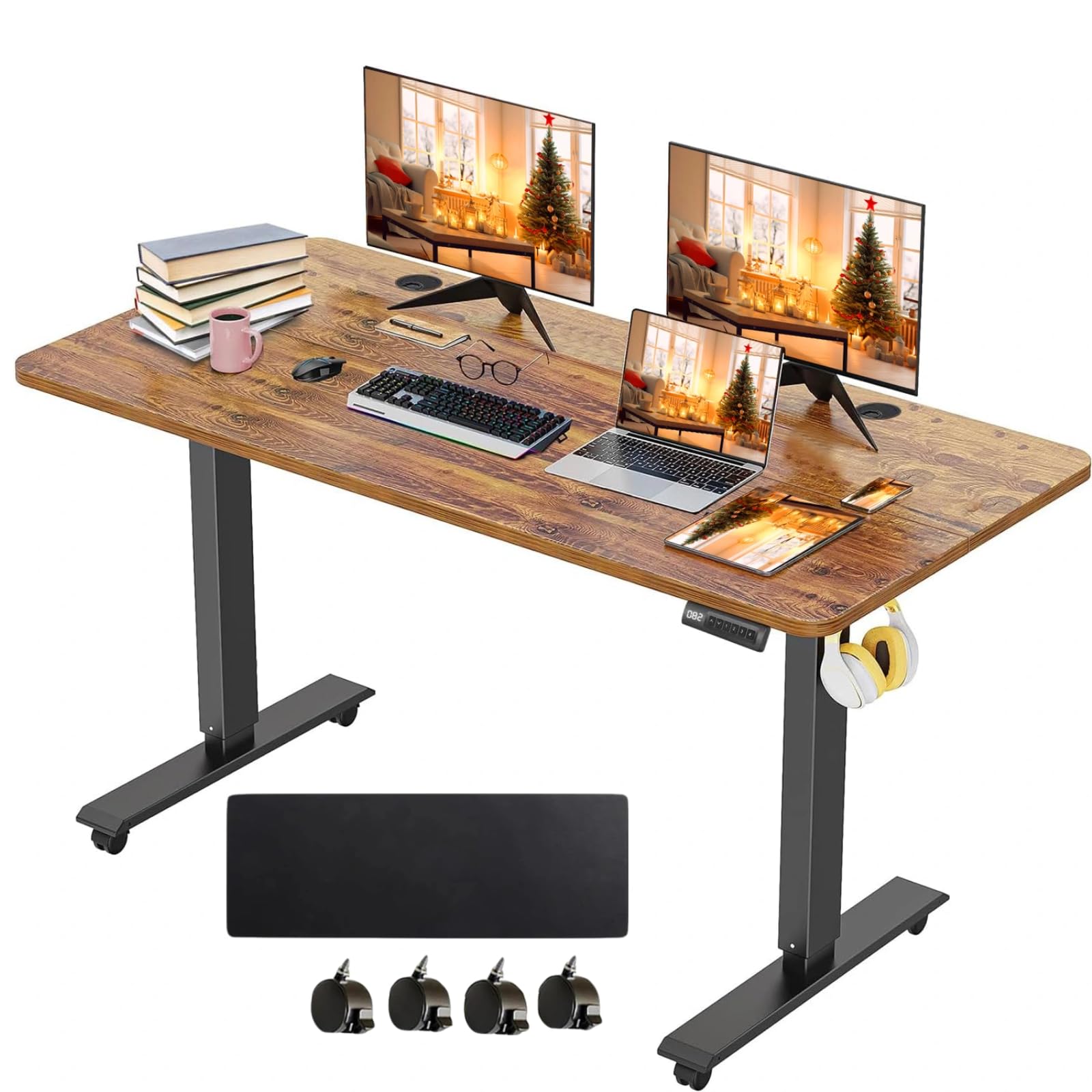 KORGOL Electric Standing Desk 55 x 24 Inches Adjustable Height Sit Stand Up Desk for Home Office Computer Workstation Memory Preset with Wheels, Brown
