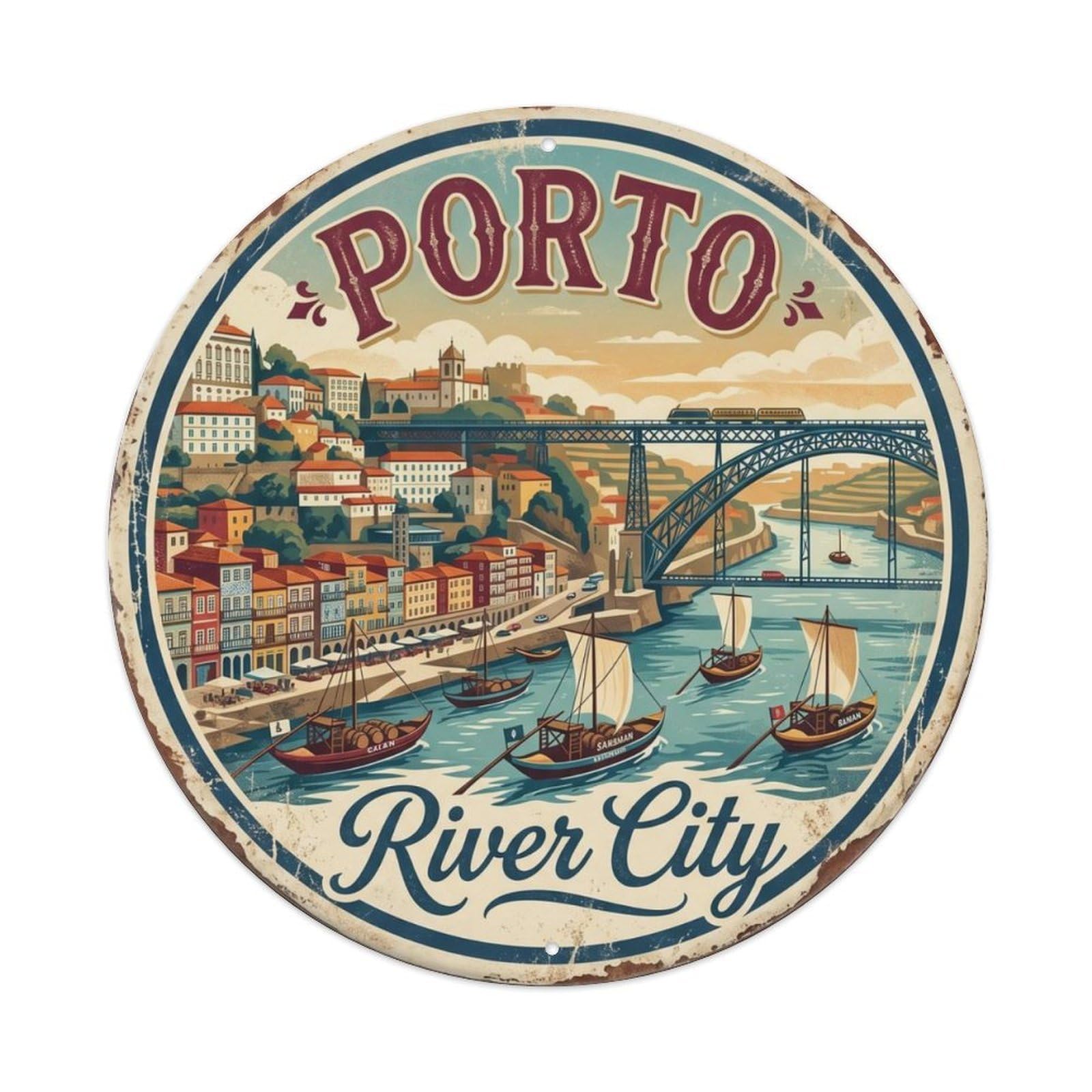 Vintage Travel Porto Ribeira Waterfront Metal Tin Sign Plaque Wall Decor for Cafe, Club Bar, Office, Home Garden Round Metal Poster 8x8Inch