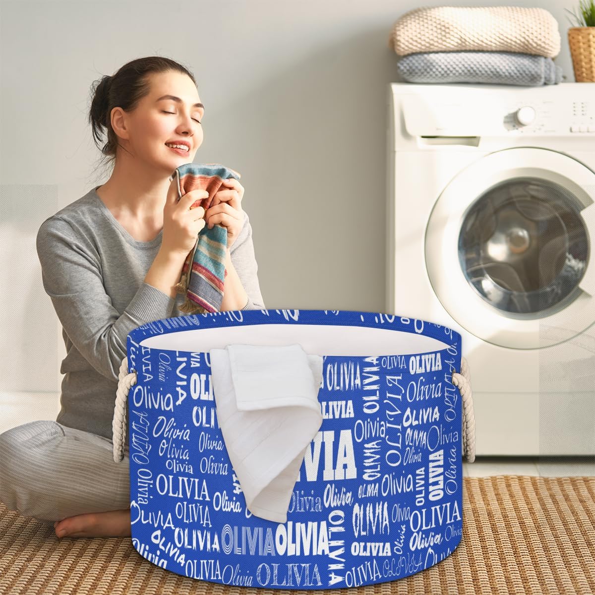 Personalized Round Laundry Hamper with Names, Custom Nursery Baskets Cubes Box, Kids Boys Men Custom Storage Dirty Clothes Baskets Organizer, Navy Blue Background