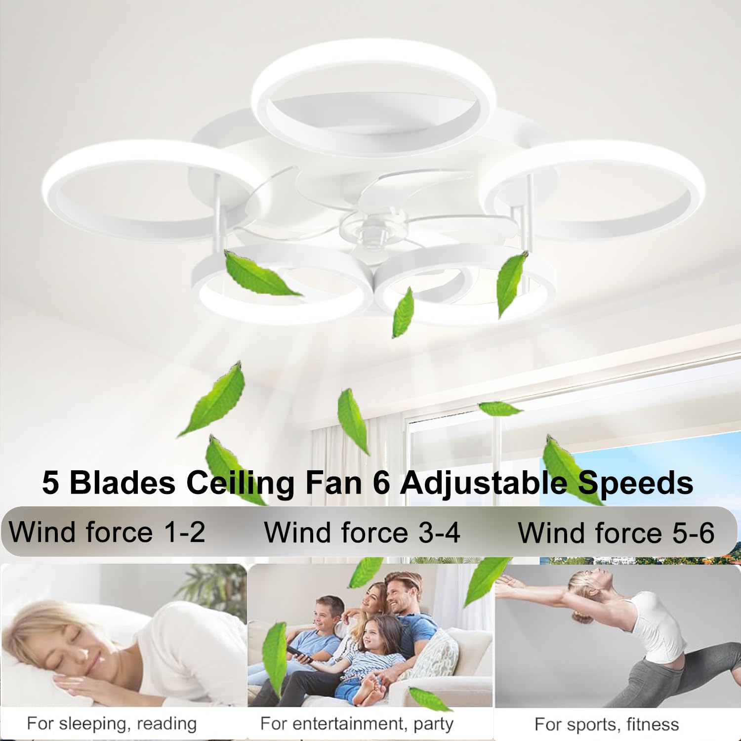 72W Deckenventilator mit Beleuchtung und Fernbedienung, Leise, APP Dimmbare LED Deckenleuchte mit Ventilator, 6-Gang-Einstellung Lampe mit Ventilator, Umkehrbare, Timer, Ø65CM, Weiß