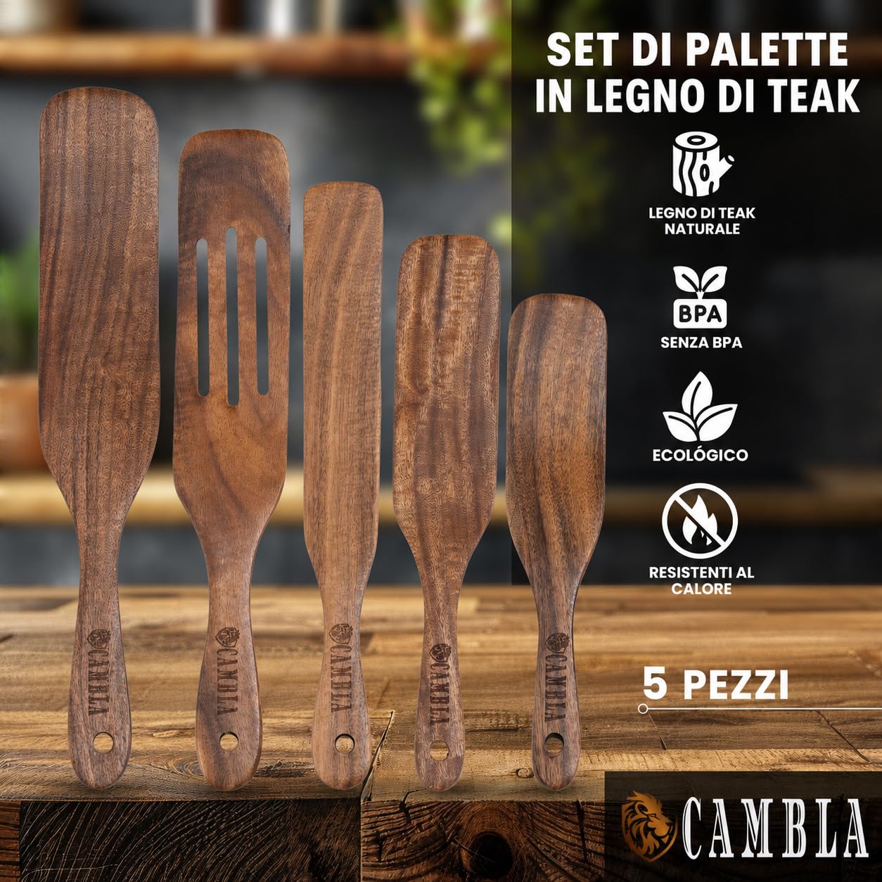 Spatole da cucina in legno - Set di 5 utensili da cucina in legno di teak, resistenti e antiaderenti, ideali per girare, spalmare, servire e mescolare.