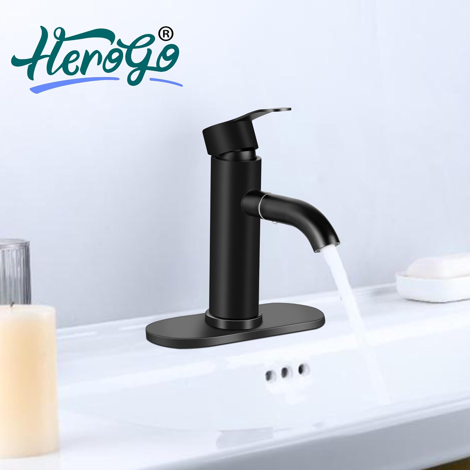 Herogo Bathroom Sink Faucet with Adjustable Spout, Matte Black One Handle Vanity Bathroom Faucet with Deck Plate & Adhesive Hooks, 360° Rotatable, for 1 or 3 Hole RV Farmhouse Sink