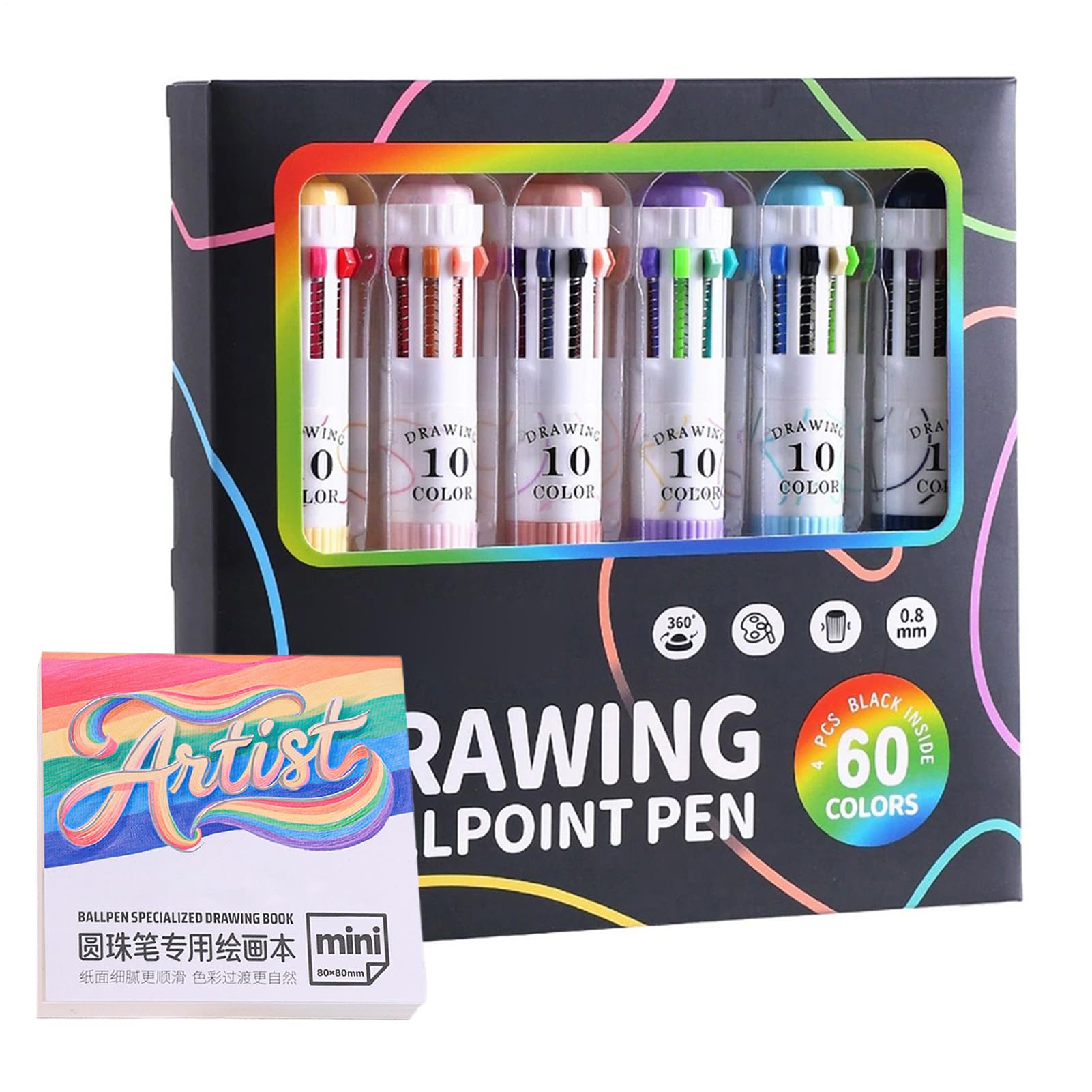 Bolígrafos de punta fina multicolor que evitan borrones con 60 colores y cuaderno 8