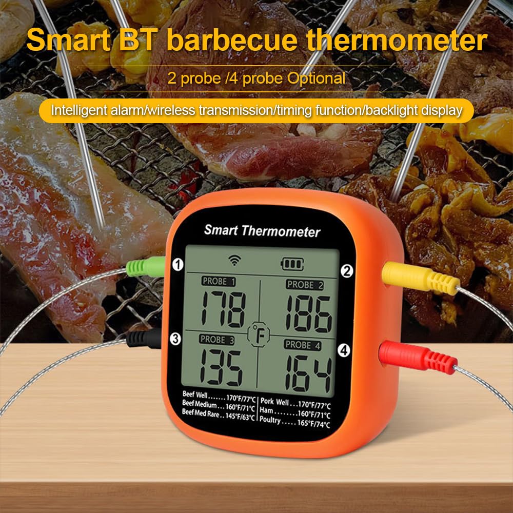 Luocute Termómetro Inteligente para Carne, Inalámbrico Digital con 2 o 4 Sondas, Control de Aplicación para Cocinar, Pantalla LCD Grande, Alarma de Temperatura, para Barbacoa, Parrilla, (4 sondas)