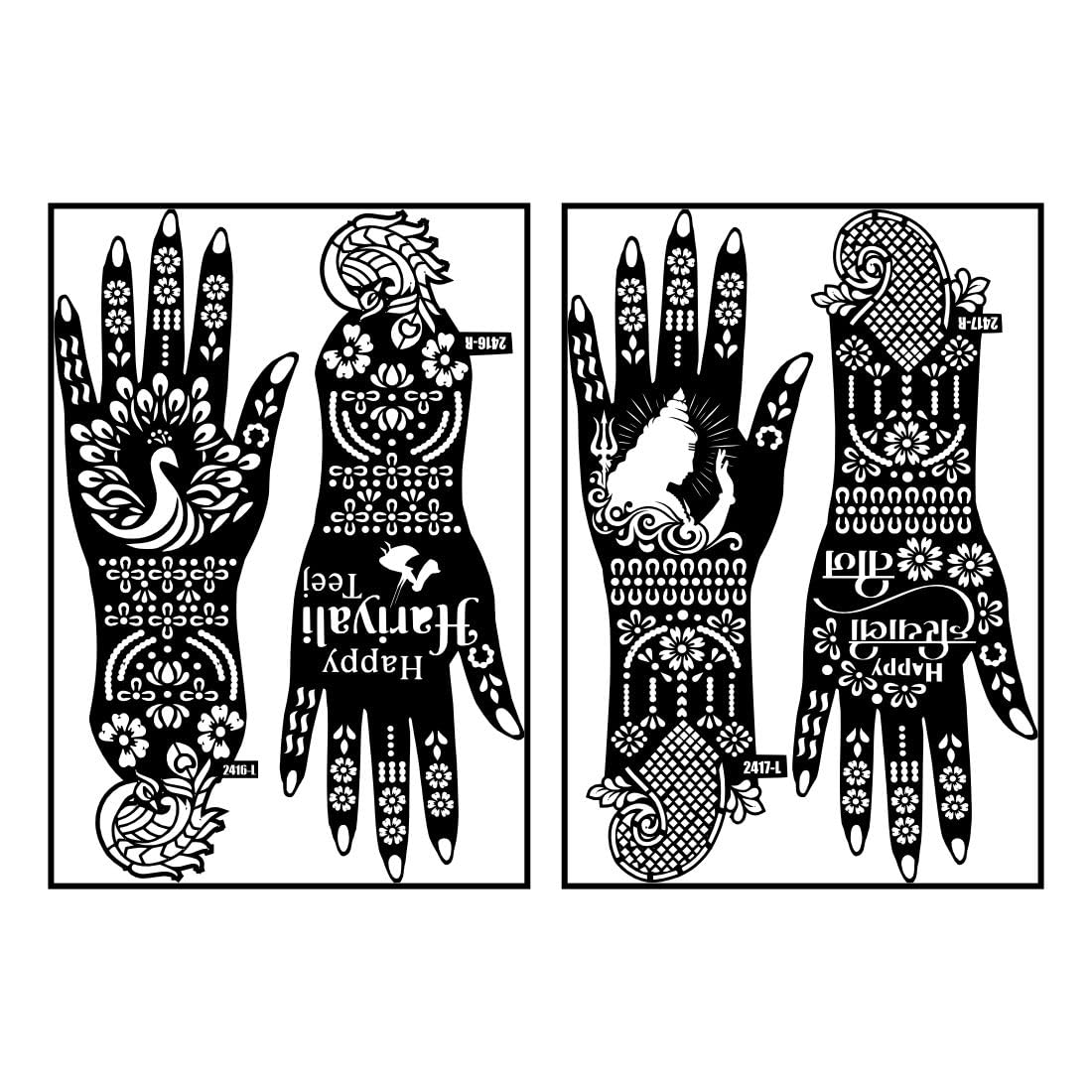 Peacock With Lord Shiva & Floral Design Happy Zhariyali Teej Mehndi Stencil Sticker Combo Pack For Women Hand Look-image-48