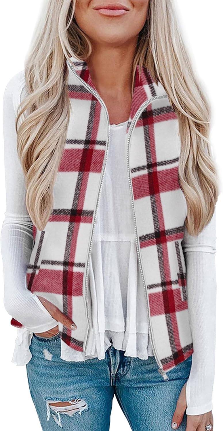 Rapbin Women's Plaid Outerwear Vests Tops Zip Up Collared Sleeveless Jacket with Pockects