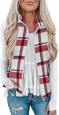 Rapbin Women's Plaid Outerwear Vests Tops Zip Up Collared Sleeveless Jacket with Pockects