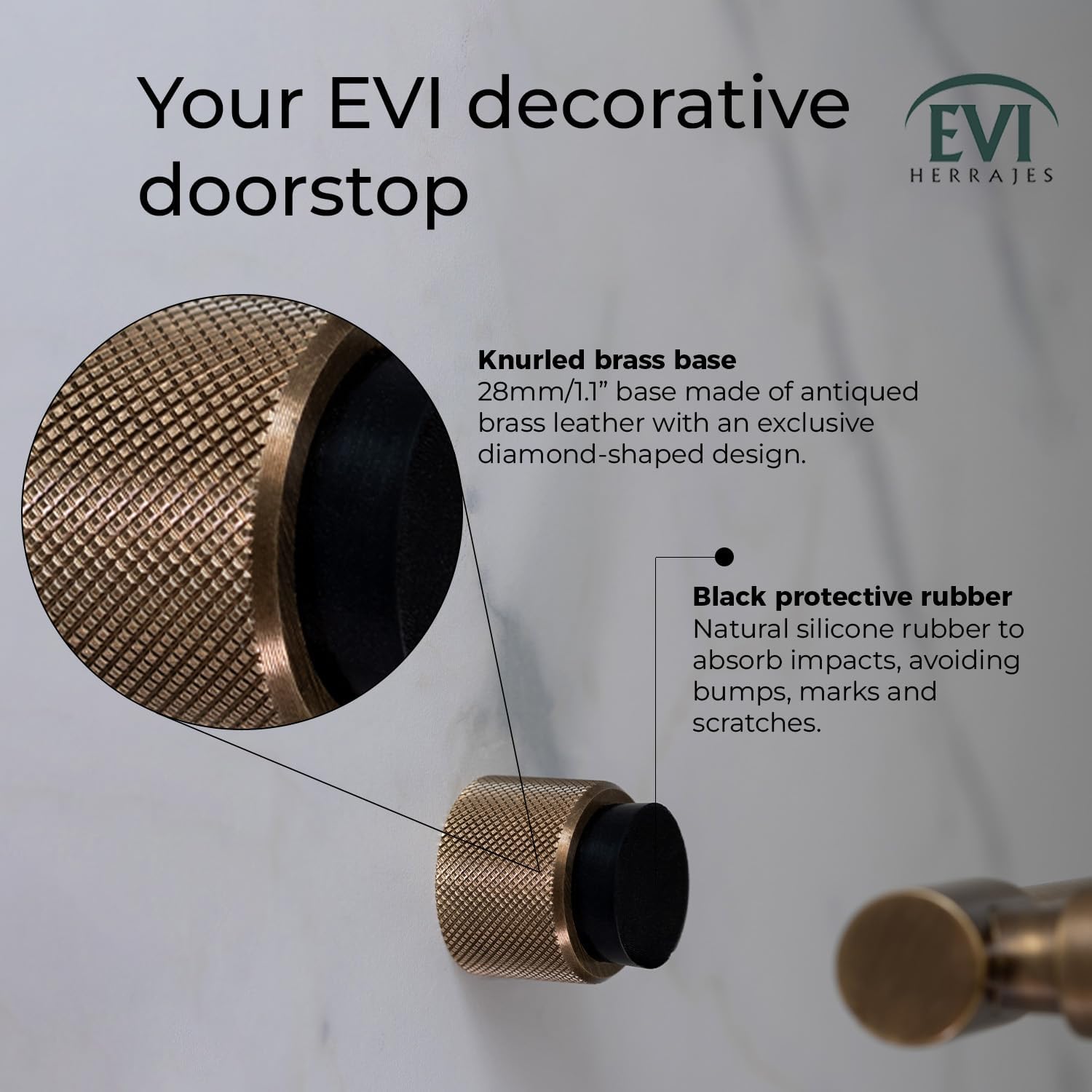 EVI Herrajes | Designer Wall Door Stop - Knurled Texture - 1.1" x 1.1" - Brass Leather Finished - Adhesive and Screw Fastening