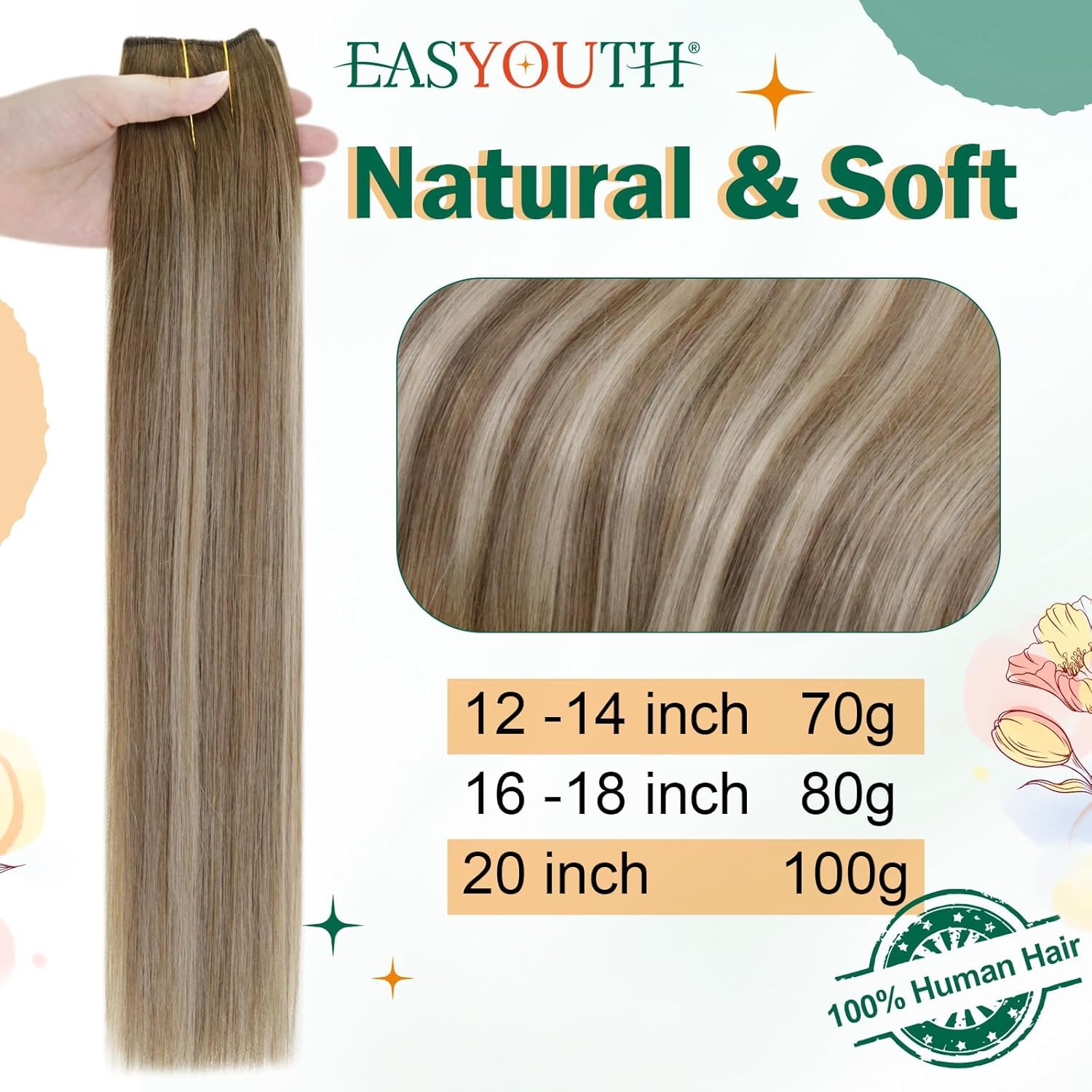 Easyouth Wire Extensions Human Hair Ombre Blonde Fish Line Hair Extension Real Human Hair Balayage Dark Brown to Light Brown with Blonde Secret Wire Hair Extensions Soft 16Inch 80g #3/8/22 - Image 2