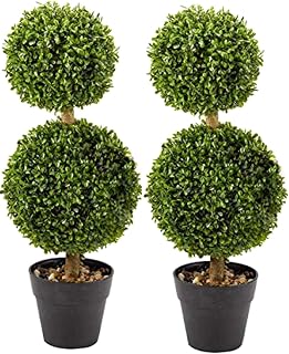 garden mile Topiary Tree Ball Boxwood Garden Ornaments Faux Plants Double Duo Bobble Plant Pots Fake Plants Artistic Round Ball Cut Artificial Plants Indoor Garden Bush Doorway Porch (Pack of 2)