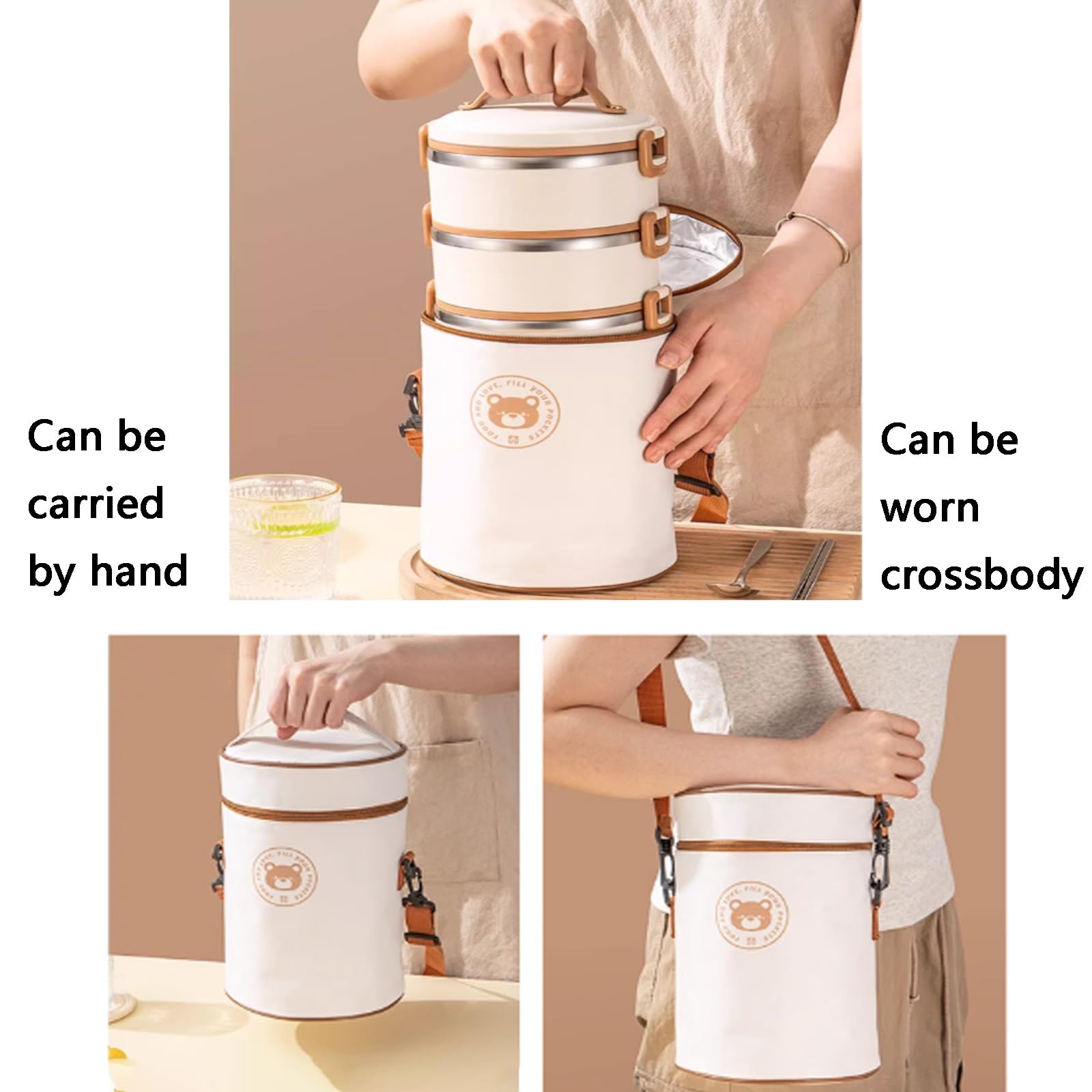 Loncheras, Lunch Box Adultos, Bento Box, Fiambrera De Acero Inoxidable con Aislamiento Circular, Contenedores de Almuerzo Apilables Portátiles, Juego de Utensilios Incorporado, Beige, Tres Capas(Large