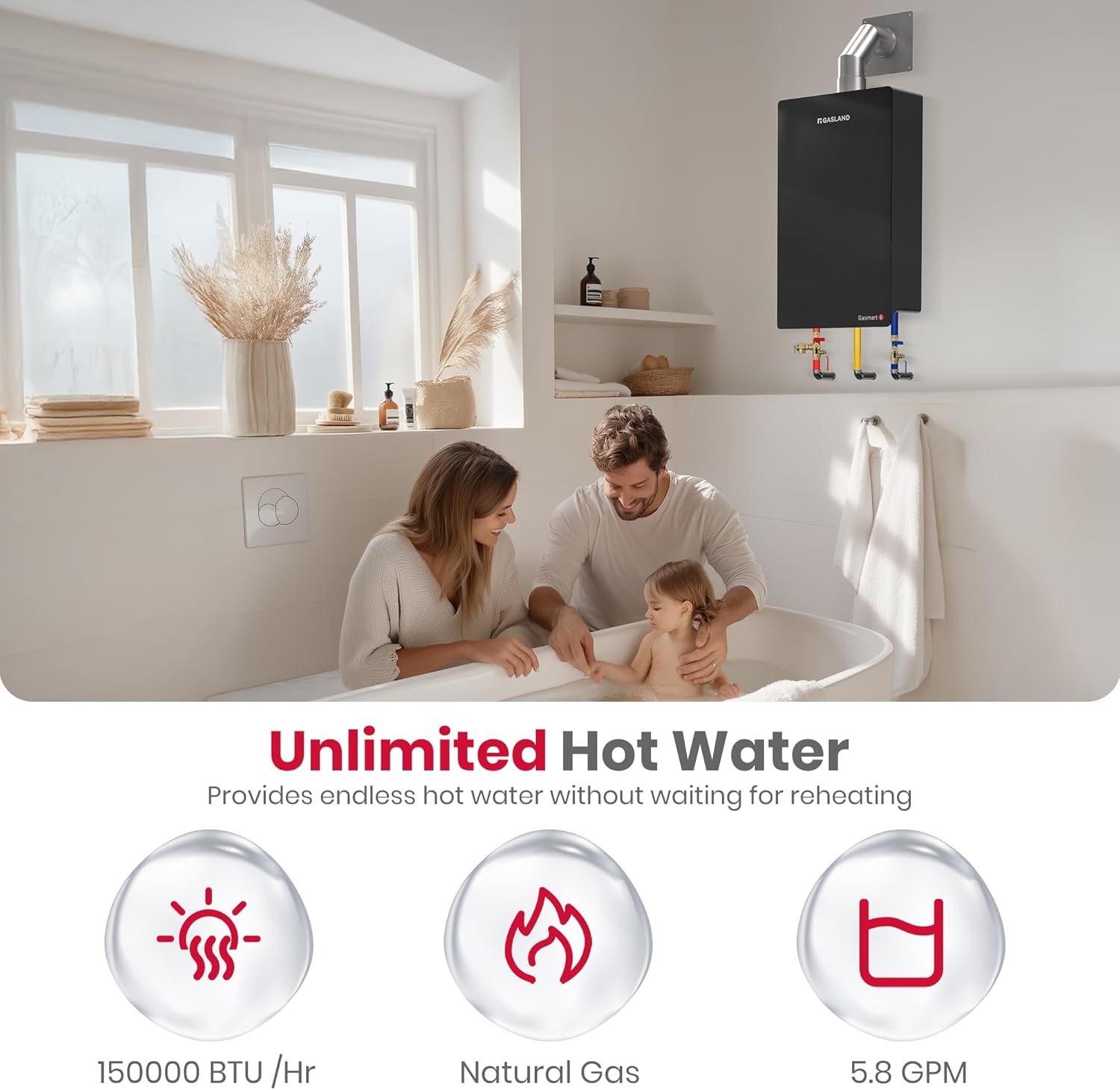 Natural Gas Tankless Water Heater, GASLAND CE528NG Up to 5.8 GPM 150000 BTU Indoor Installation Residential Instant On-demand Tankless Natural Gas Hot Water Heater,3/4 Inch IPS Isolator Tankless Water