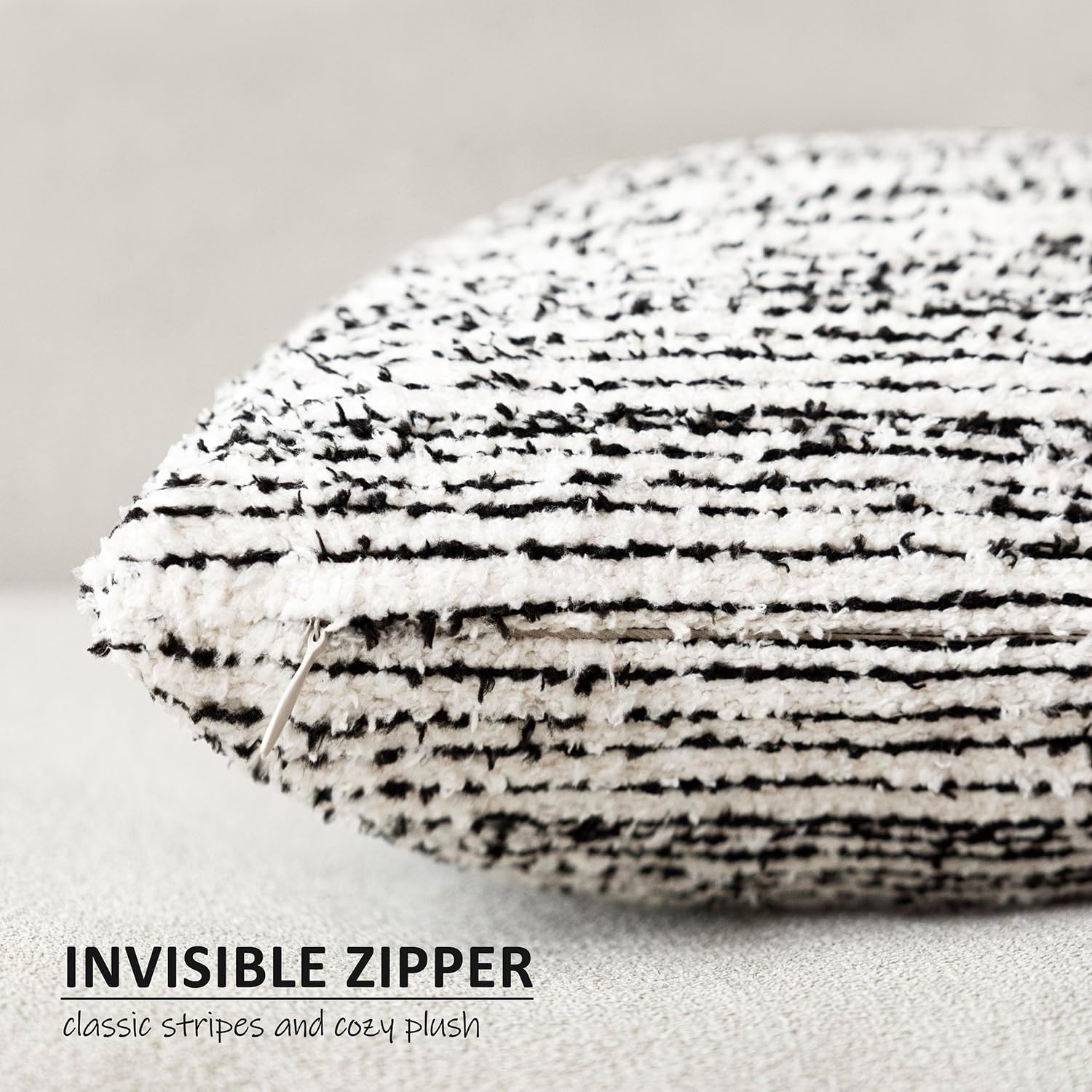 Foindtower Set of 2 Faux Fur Textured Modern Throw Decorative Pillow Covers Square Accent Striped Cushion Sherpa Boho Farmhouse Pillowcase for Couch Living Room Home Decor 18x18 Inch,Black and White