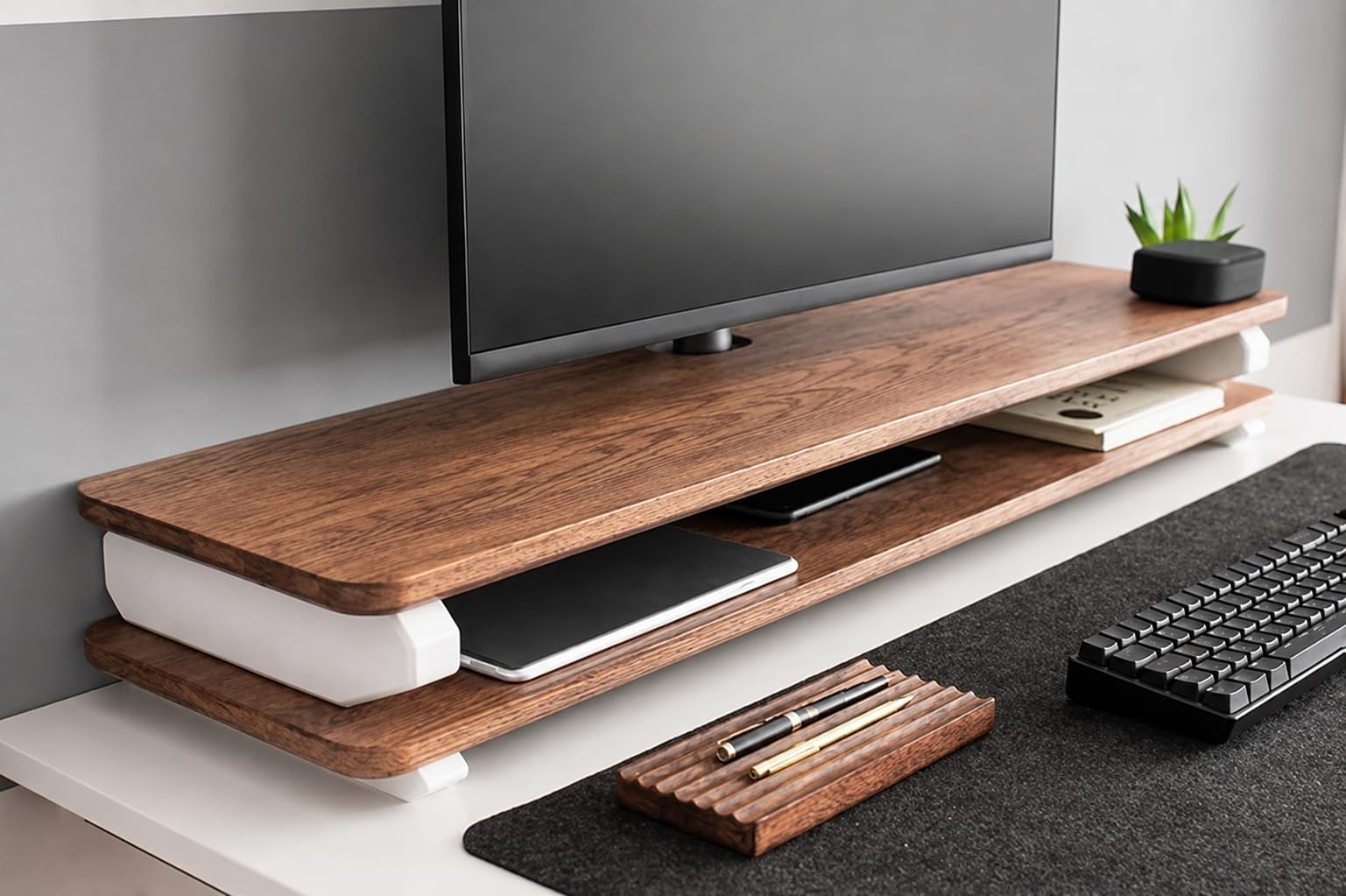 carpentray Store Wooden Monitor Stand with Storage Organizer for Desk with Wire Hole, Tables, Office, Home, Studio, Study Table | Monitor Stand Riser (White Legs, 120Cm Long) discount deal