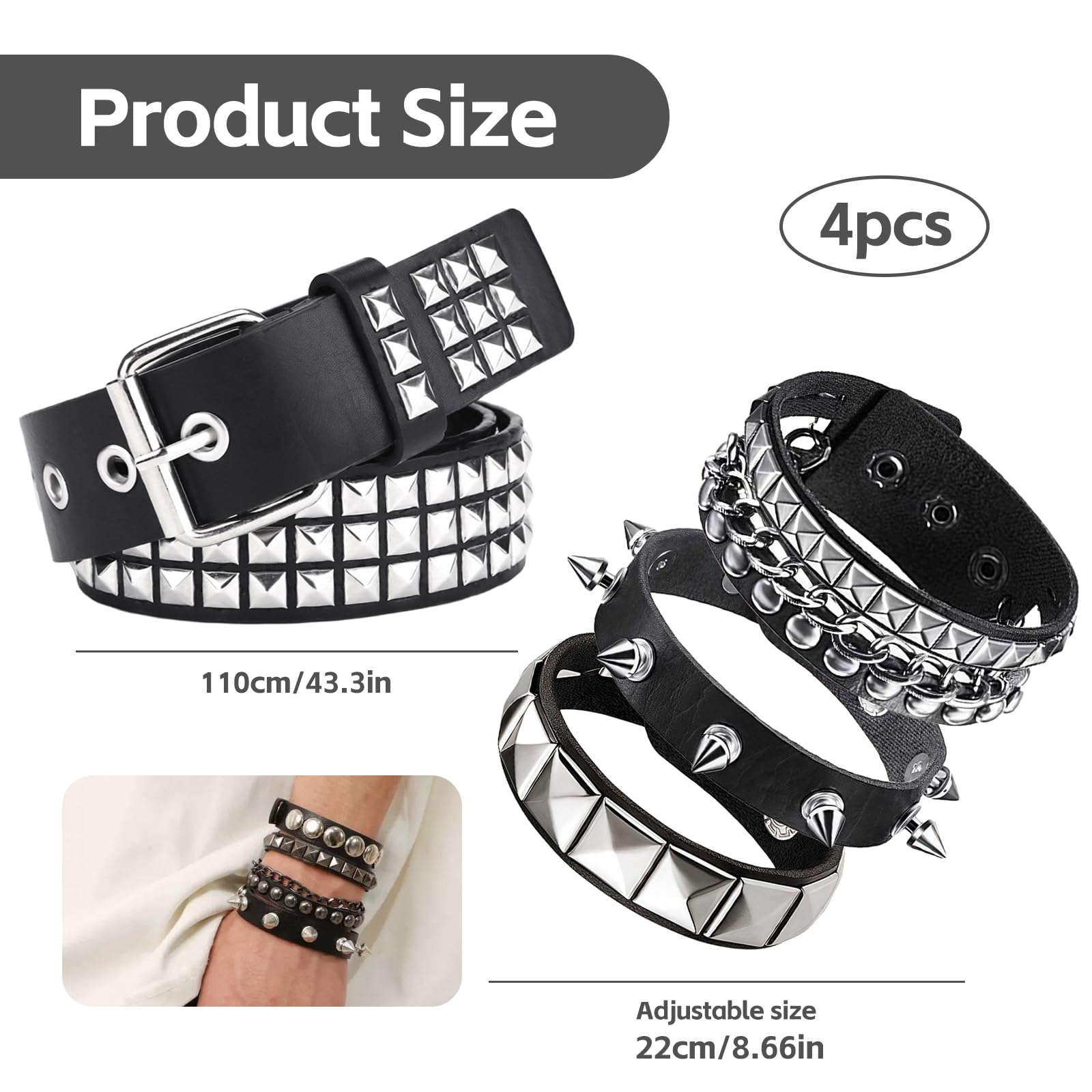 Y2K pasek, pasek z nitowanymi brzegami z 3 nitowanymi opaskami Czarny pasek z PU skóry z brokatem Zestaw pasków Nitowany Punk Gothic Biżuteria Akcesoria dla kobiet i mężczyzn